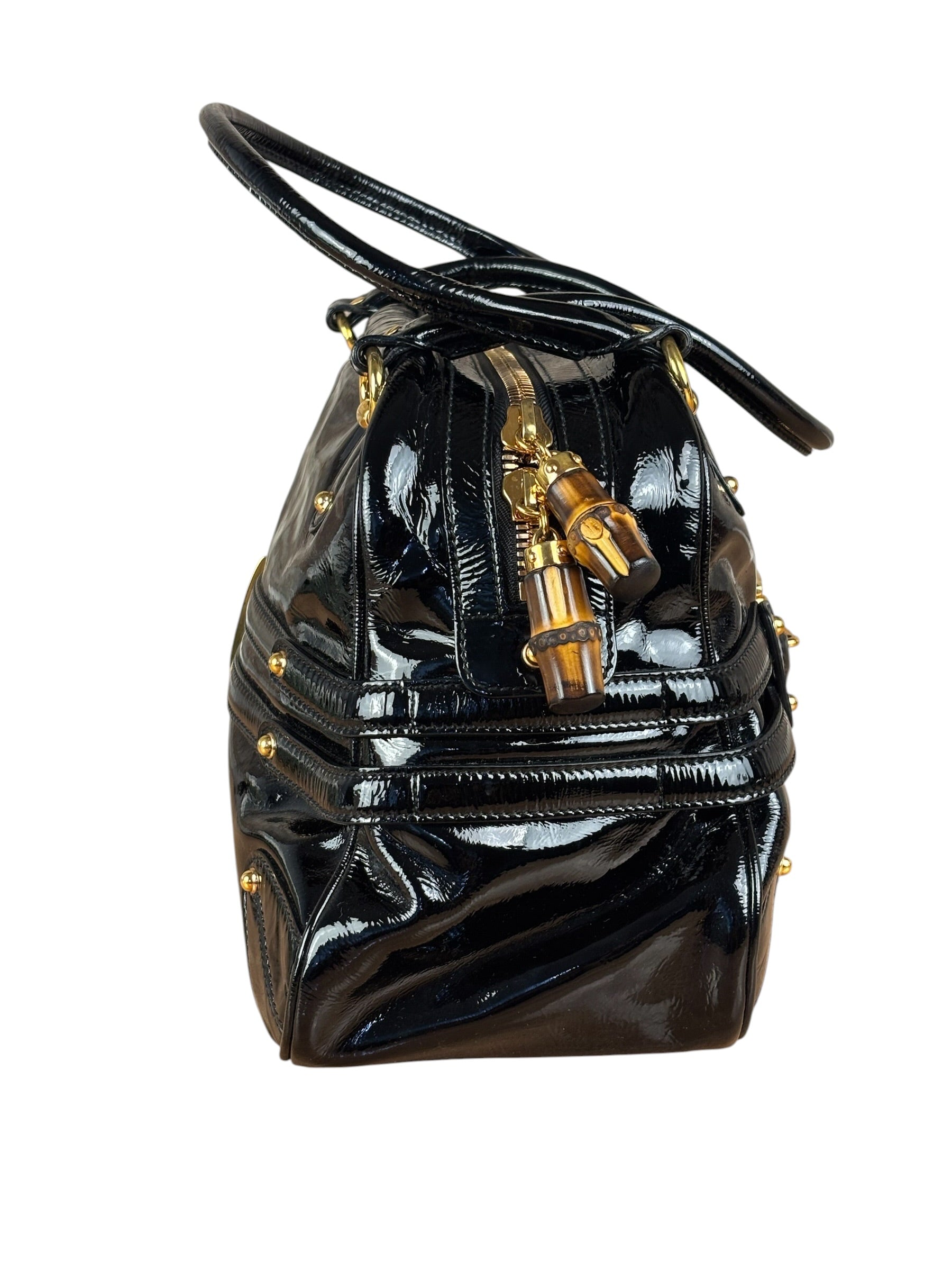 Gucci Black Patent Leather Horsebit Wave Shoulder Bag