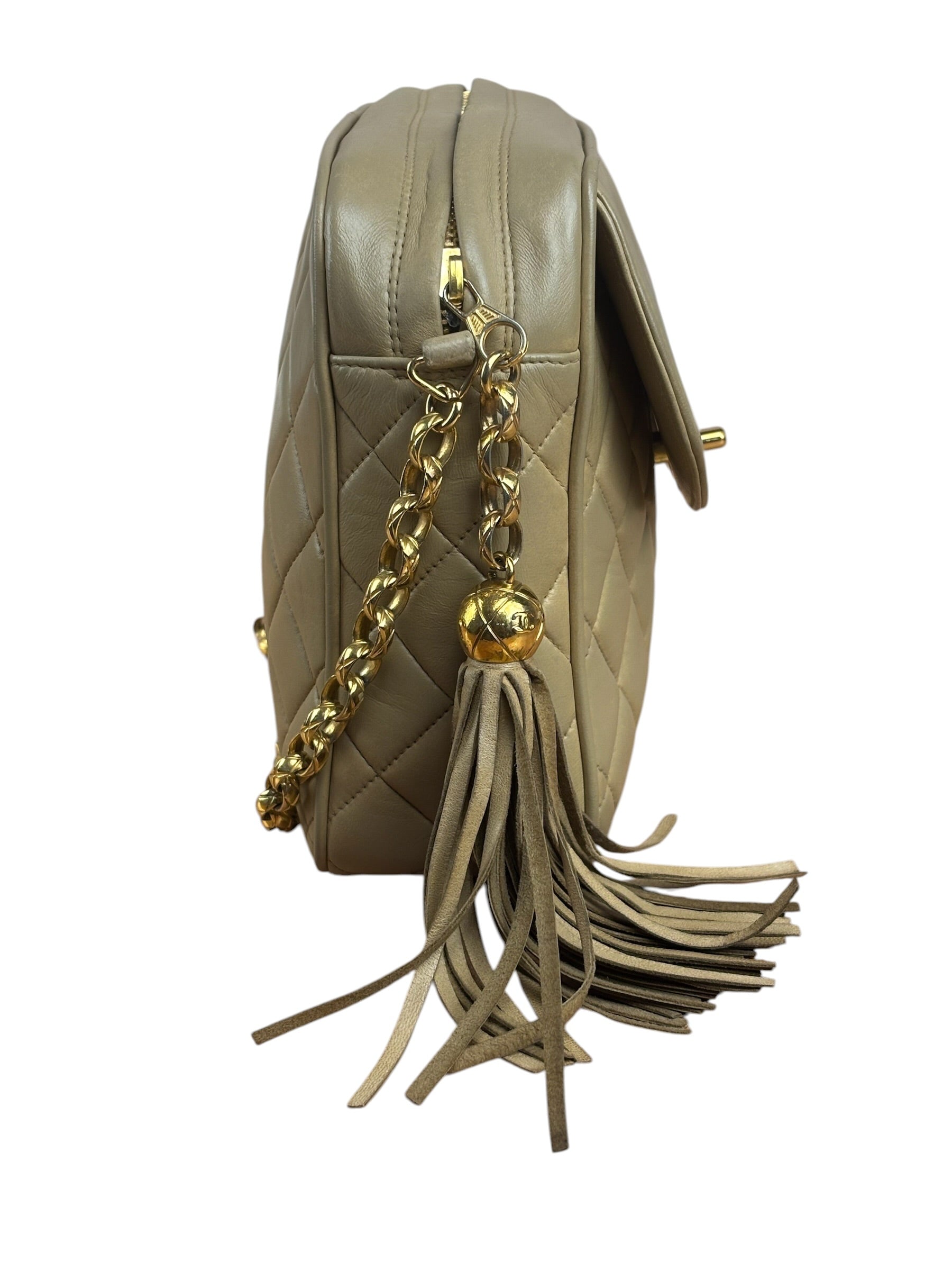Chanel Tan Brown Quilted Leather Flap Chain Camera Bag