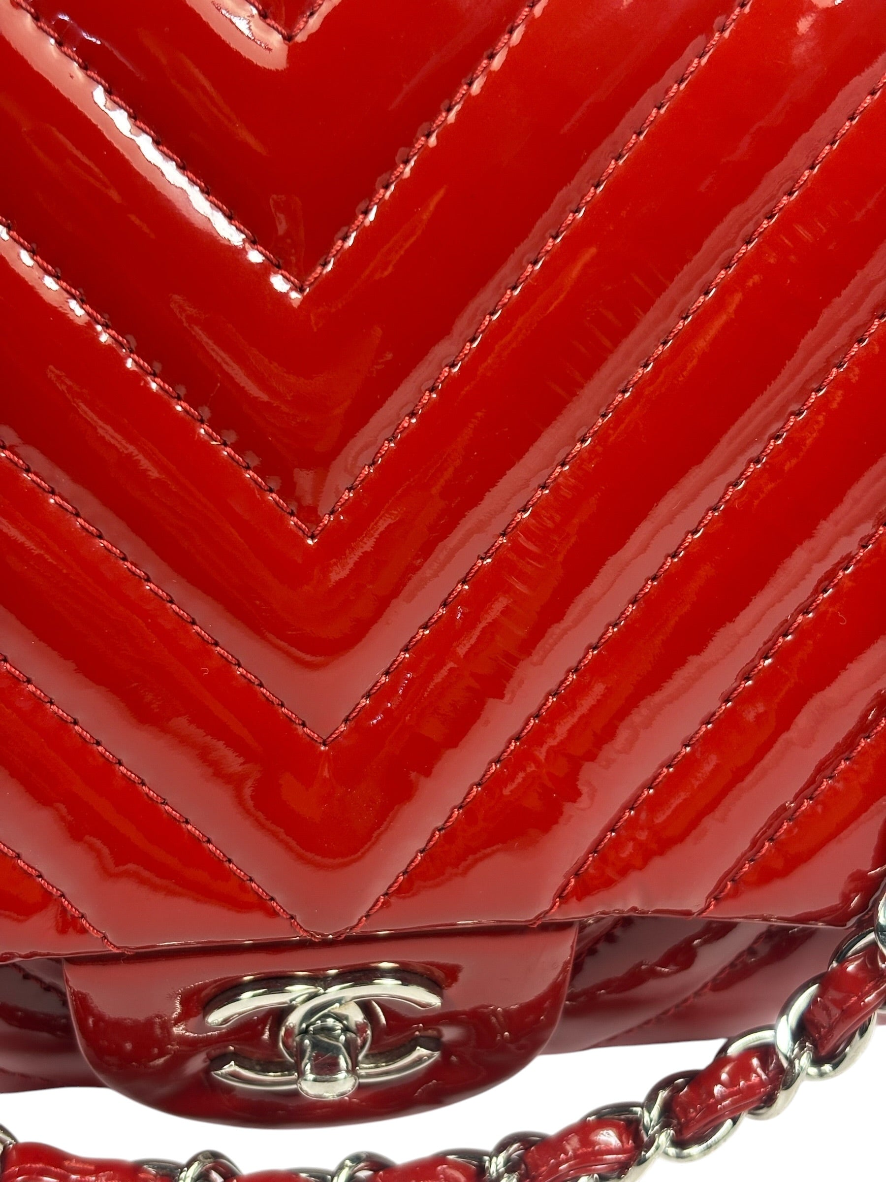 Chanel Red Patent Leather Chevron Jumbo Flap Bag 2009