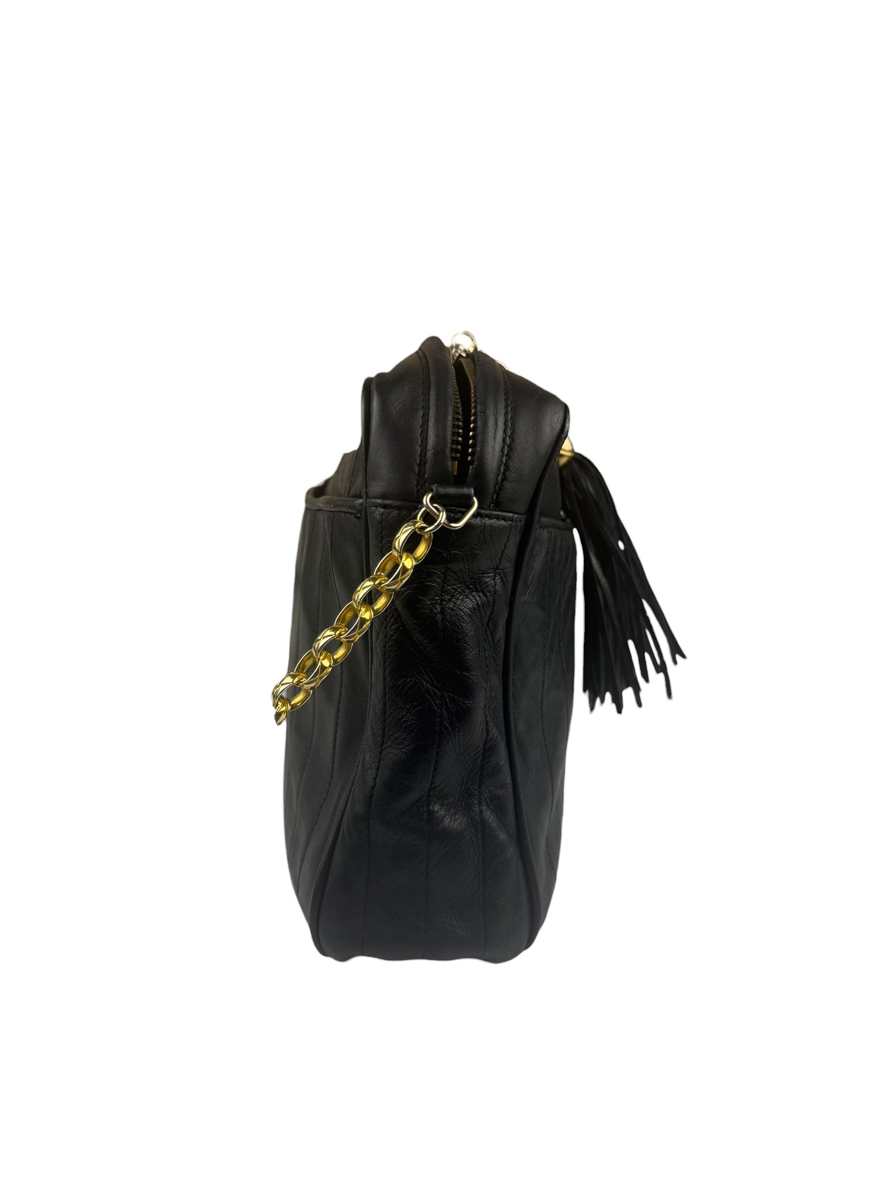 Chanel Vintage Black Leather Mademoiselle Vertical Quilted Shoulder Bag 1990's