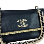 Chanel Black Leather Raffia Fringe CC Flap Shoulder Bag 2009