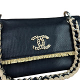 Chanel Black Leather Raffia Fringe CC Flap Shoulder Bag 2009