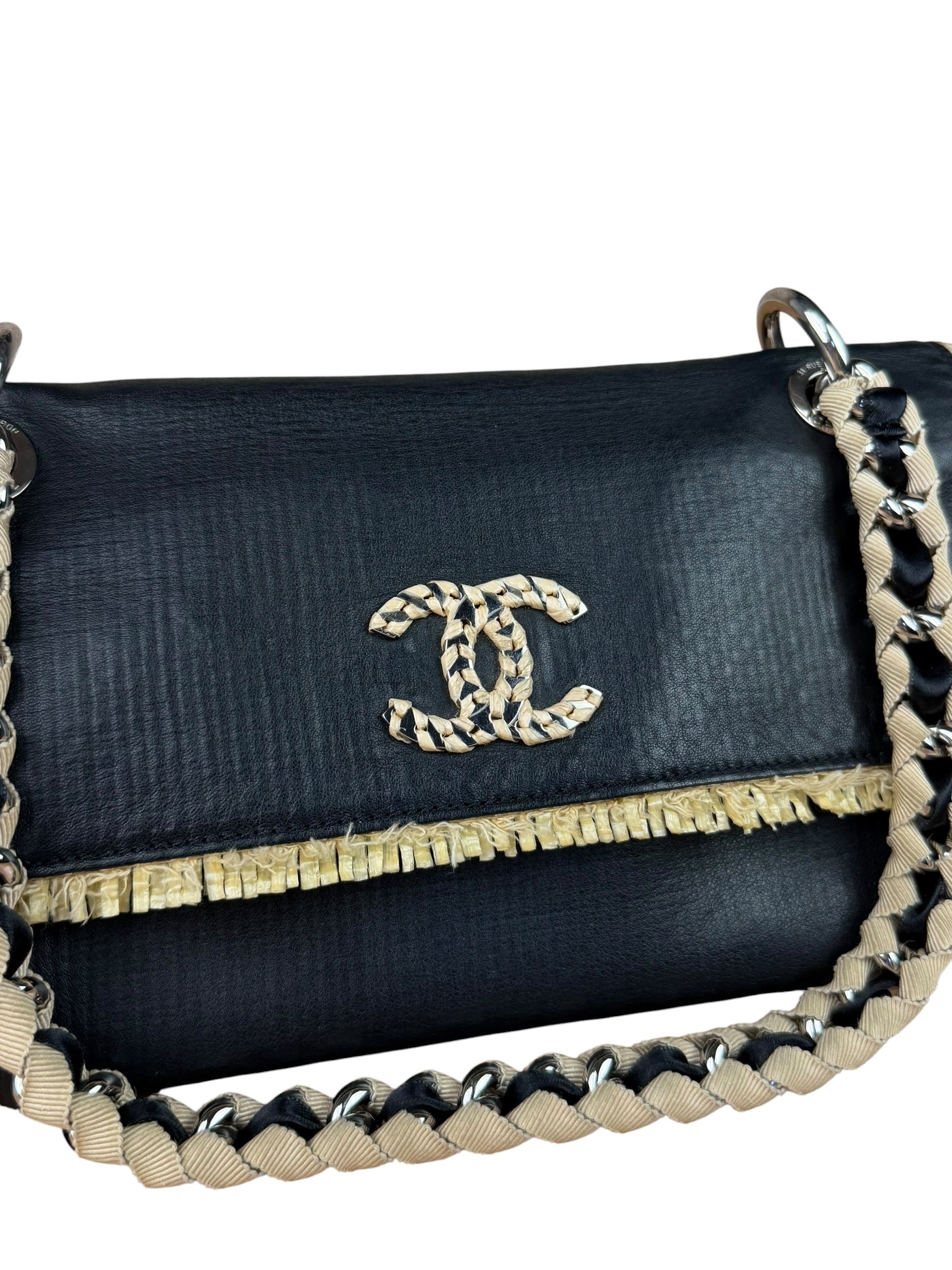 Chanel Black Leather Raffia Fringe CC Flap Shoulder Bag 2009