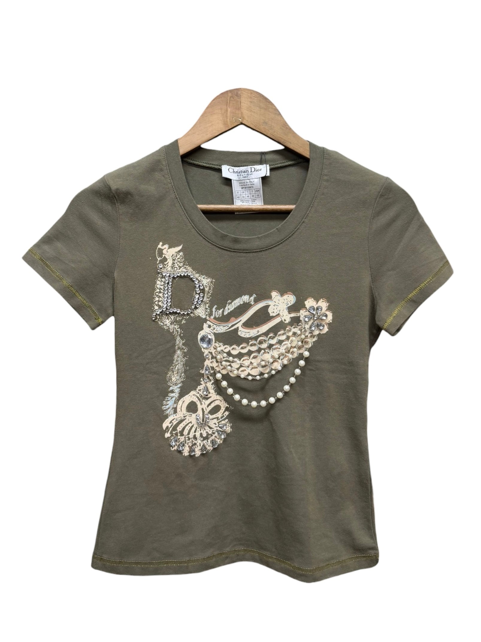 Christian Dior Green Short-Sleeve Diamonds/Pearls Studded T-Shirt