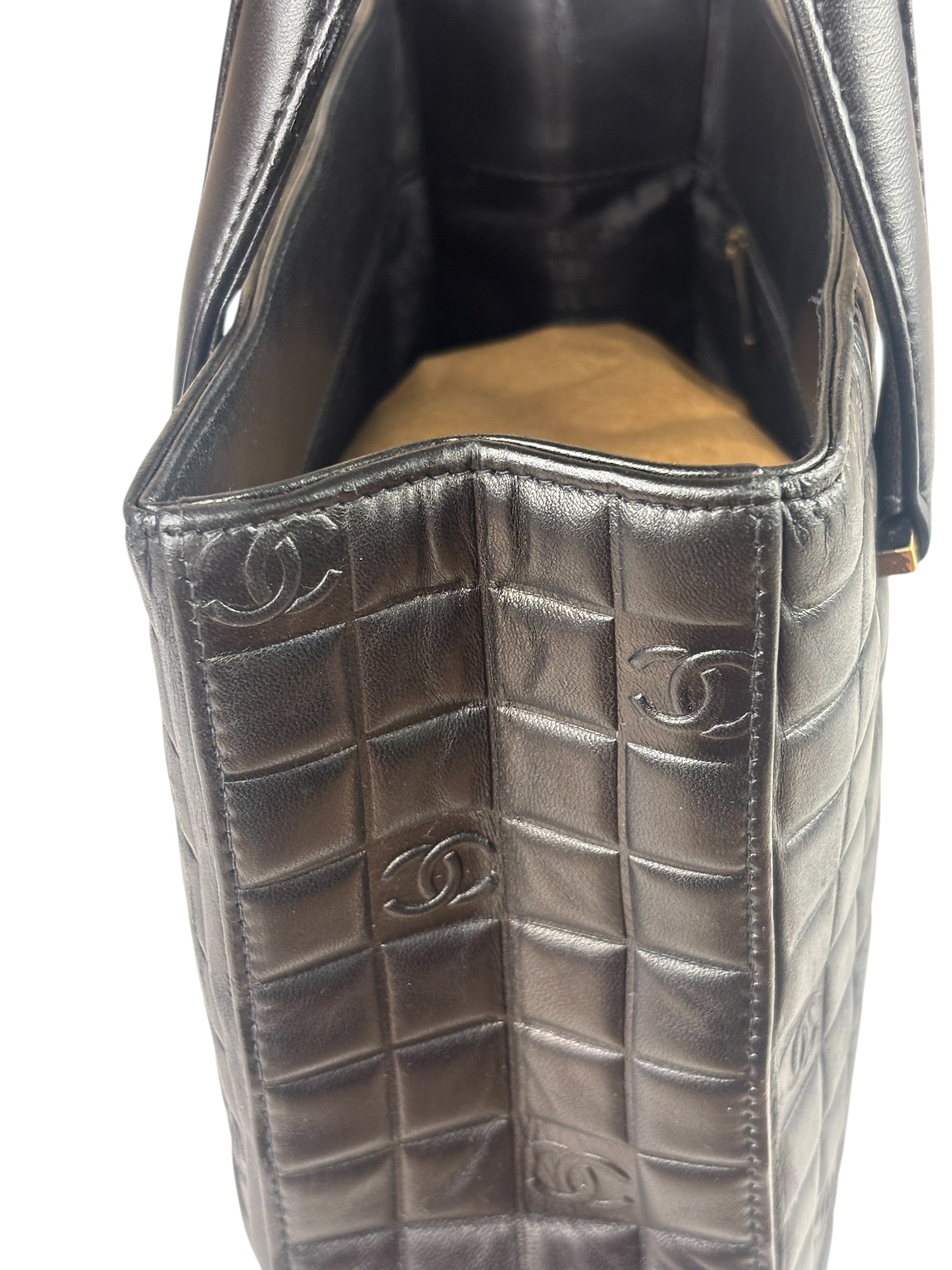 Chanel Vintage Black Leather Chocolate Bar Tote Bag 1992