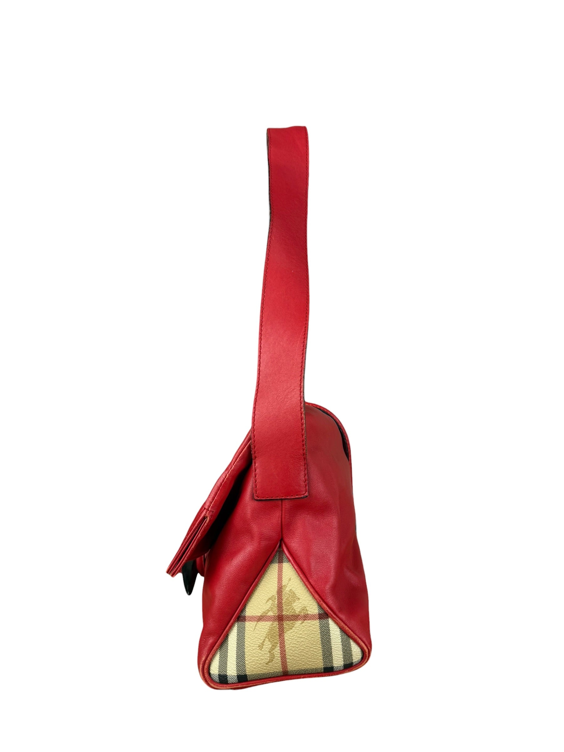 Burberry Red Leather Haymarket Check Shoulder Bag