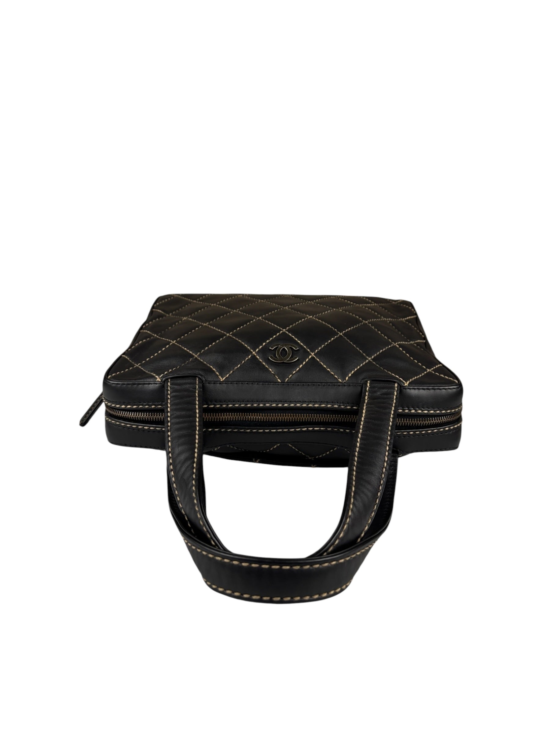 Chanel Vintage Black Leather Wild Stitch Bowler Handbag 2001