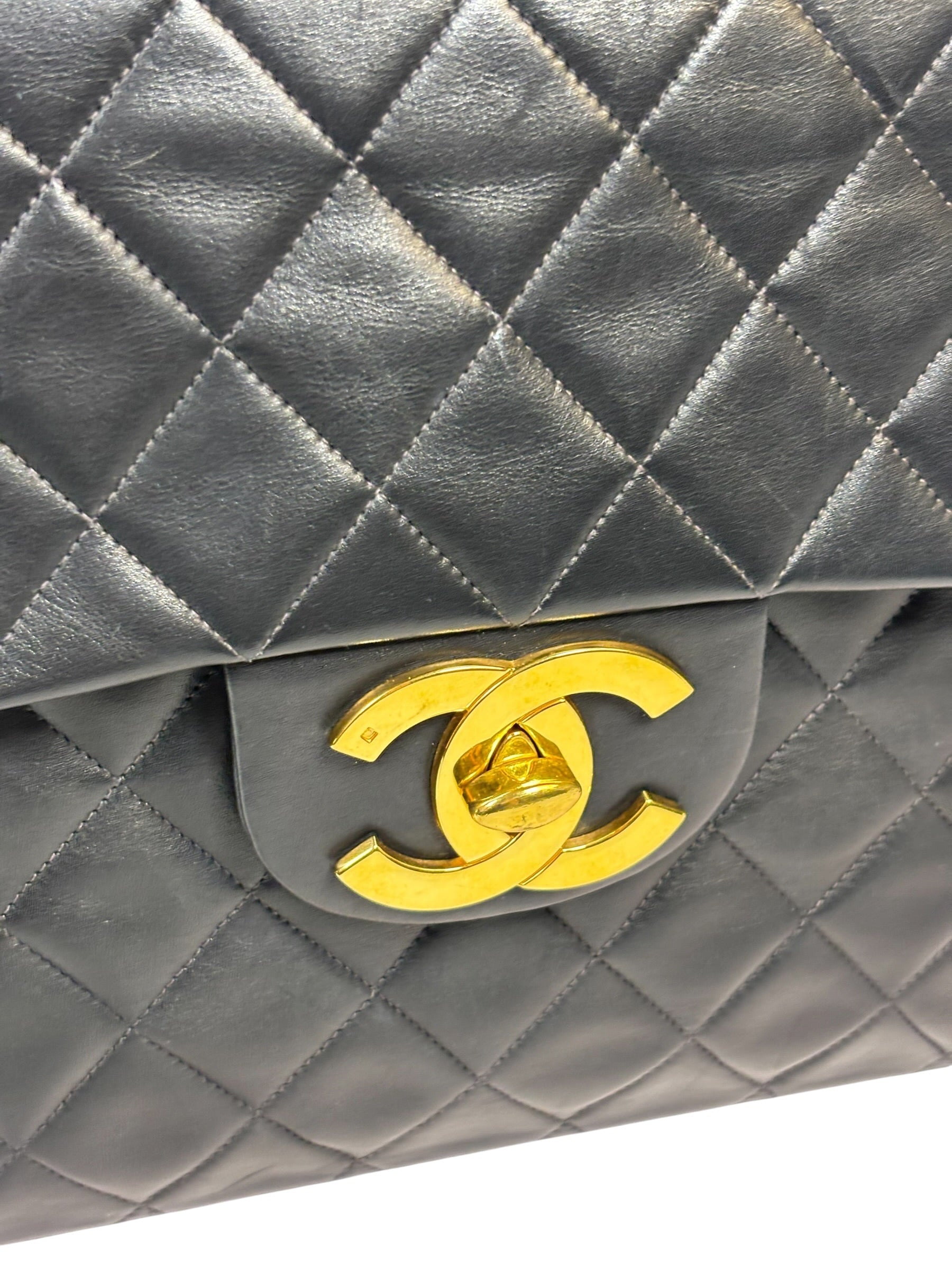 Chanel Vintage Black Quilted Leather Jumbo Flap Bag 1994