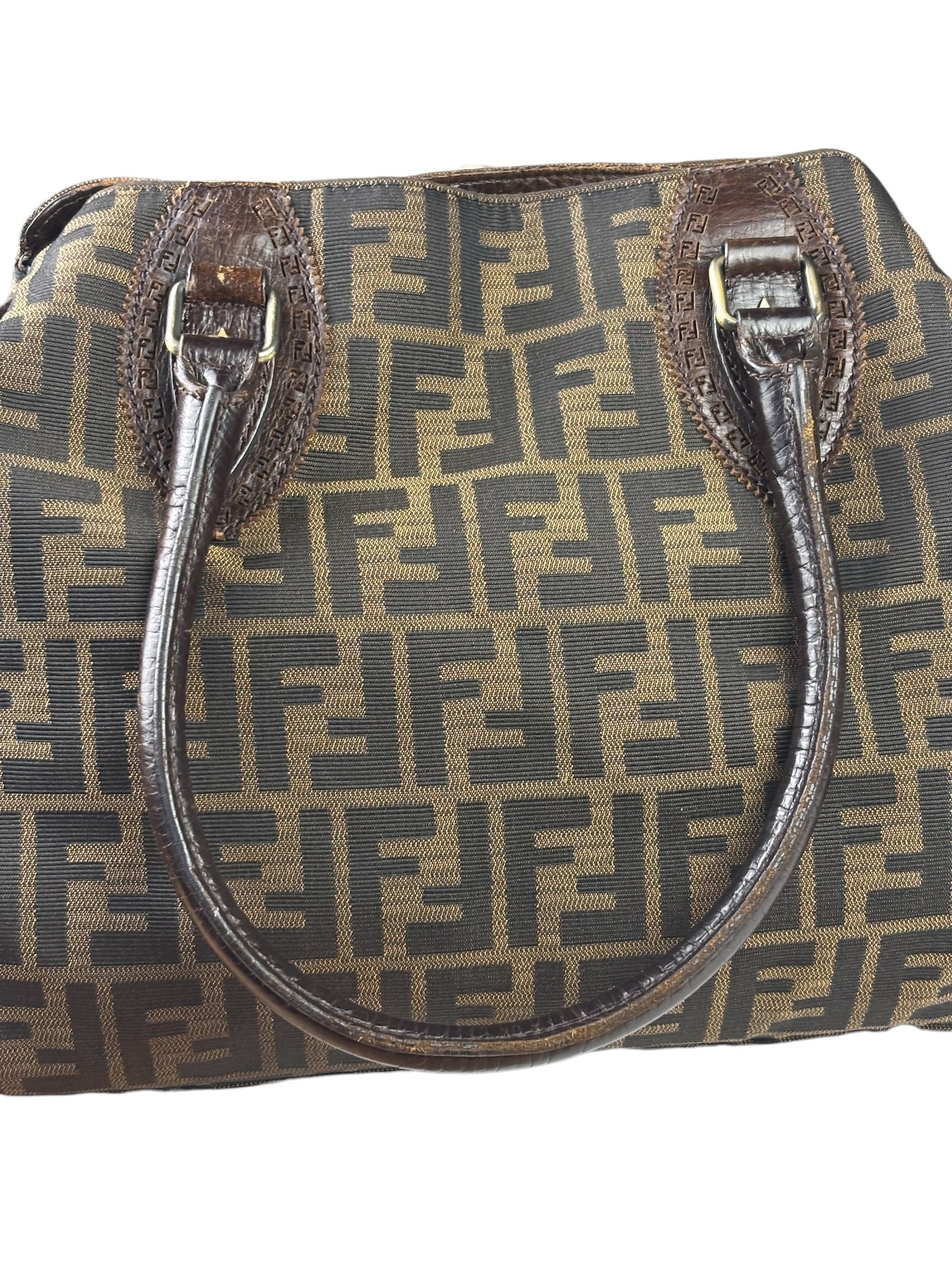 Fendi Vintage Brown Leather Trim Zucca De Jour Media Tote
