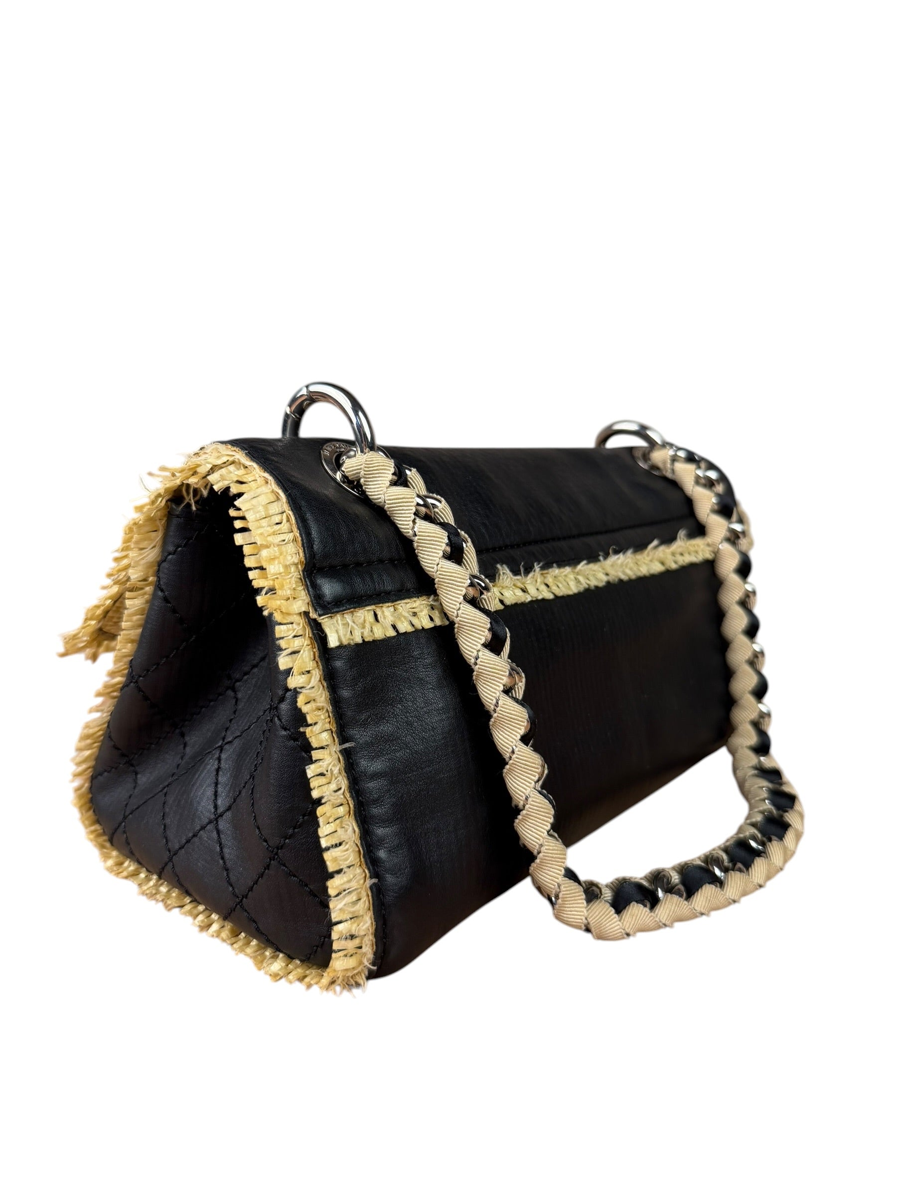 Chanel Black Leather Raffia Fringe CC Flap Shoulder Bag 2009