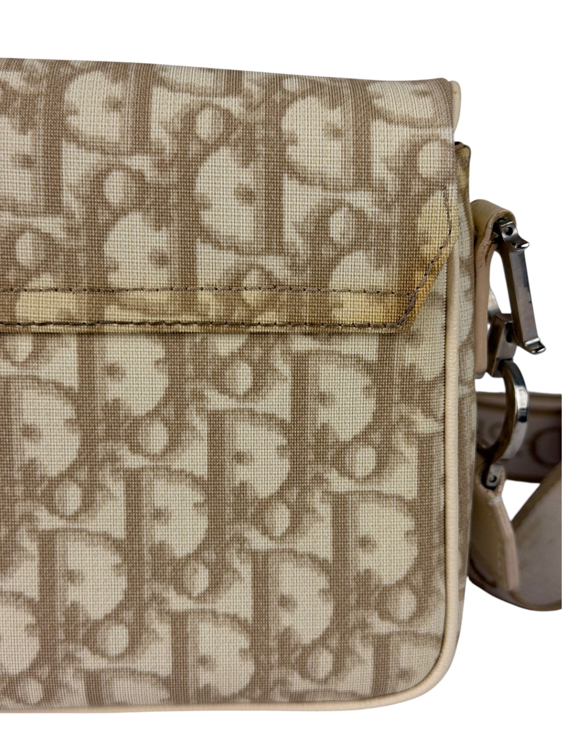 Christian Dior Beige Leather Trim Trotter Floral Embroidered Flap Bag