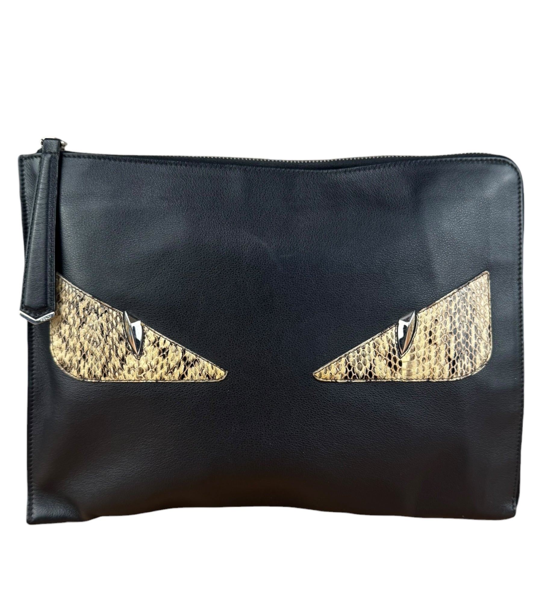 Fendi Black Leather Snake Monsters Zip Clutch
