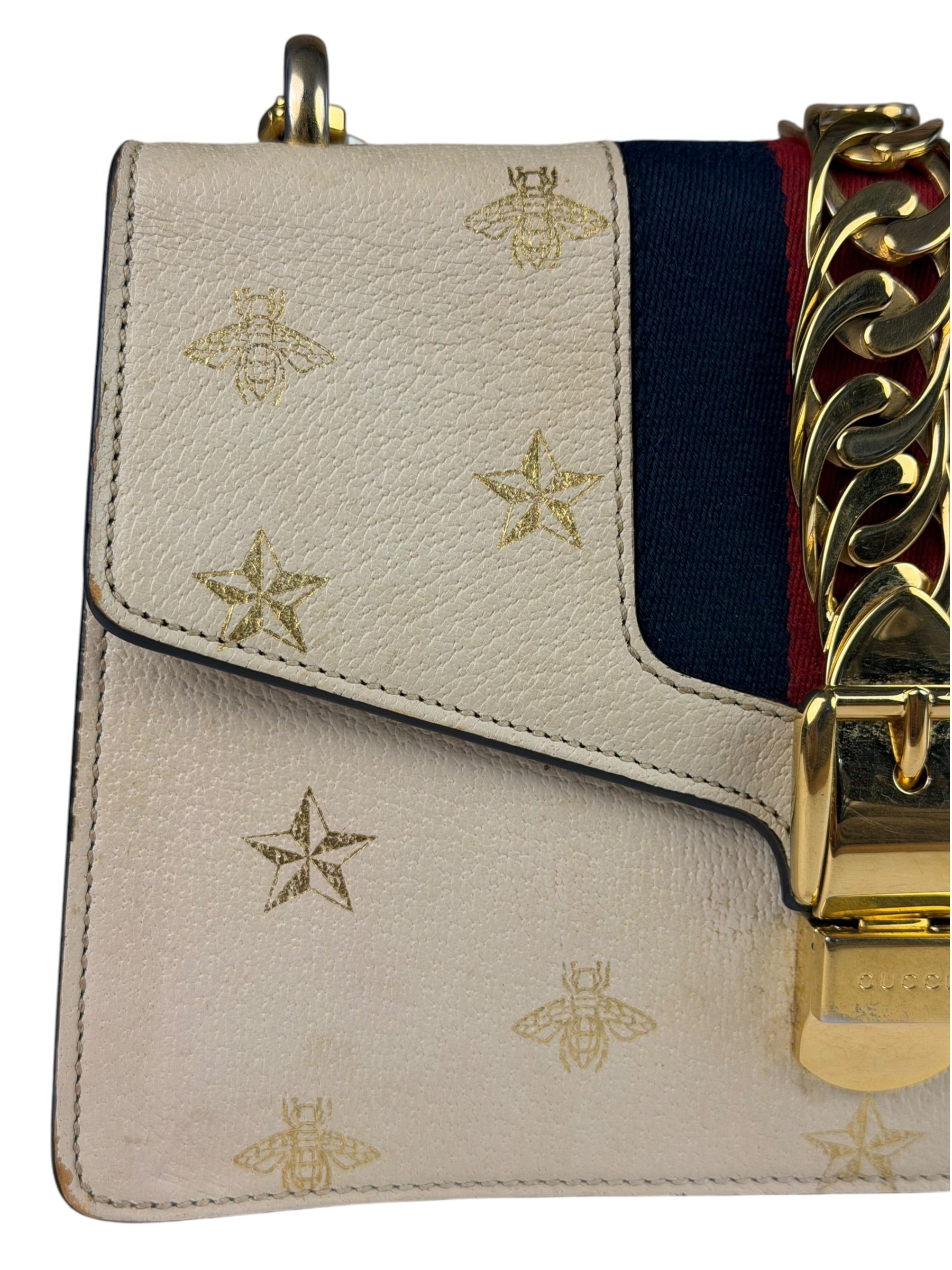 Gucci Textured Calfskin Bee Star Sylvie Shoulder Bag White