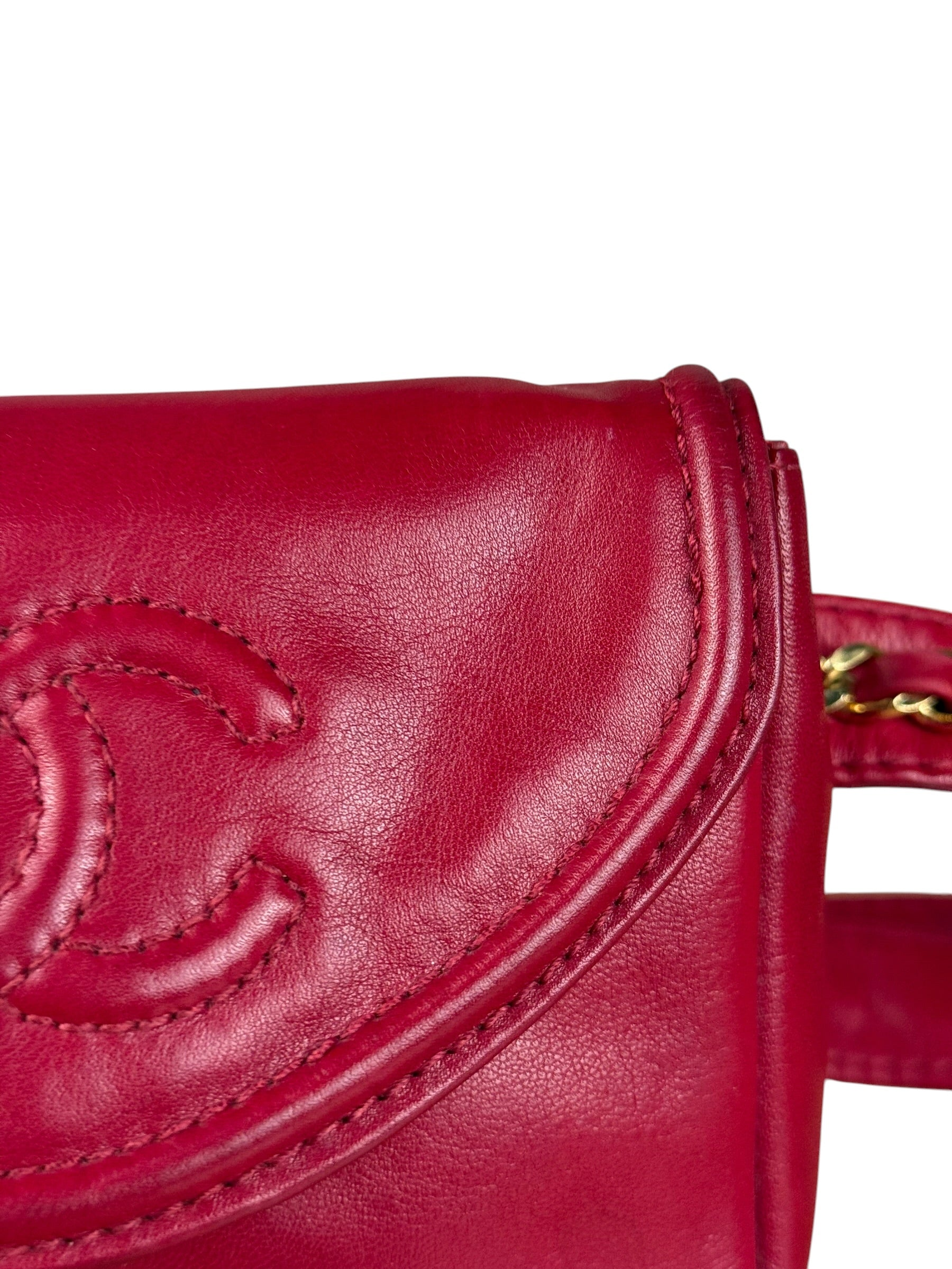 Chanel Vintage Red CC Leather Chain Belt Bag 90s