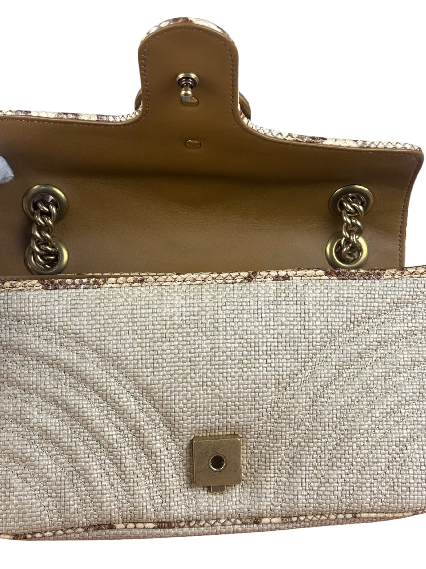 Gucci GG Beige Raffia Marmont Snakeskin Trim Flap Bag