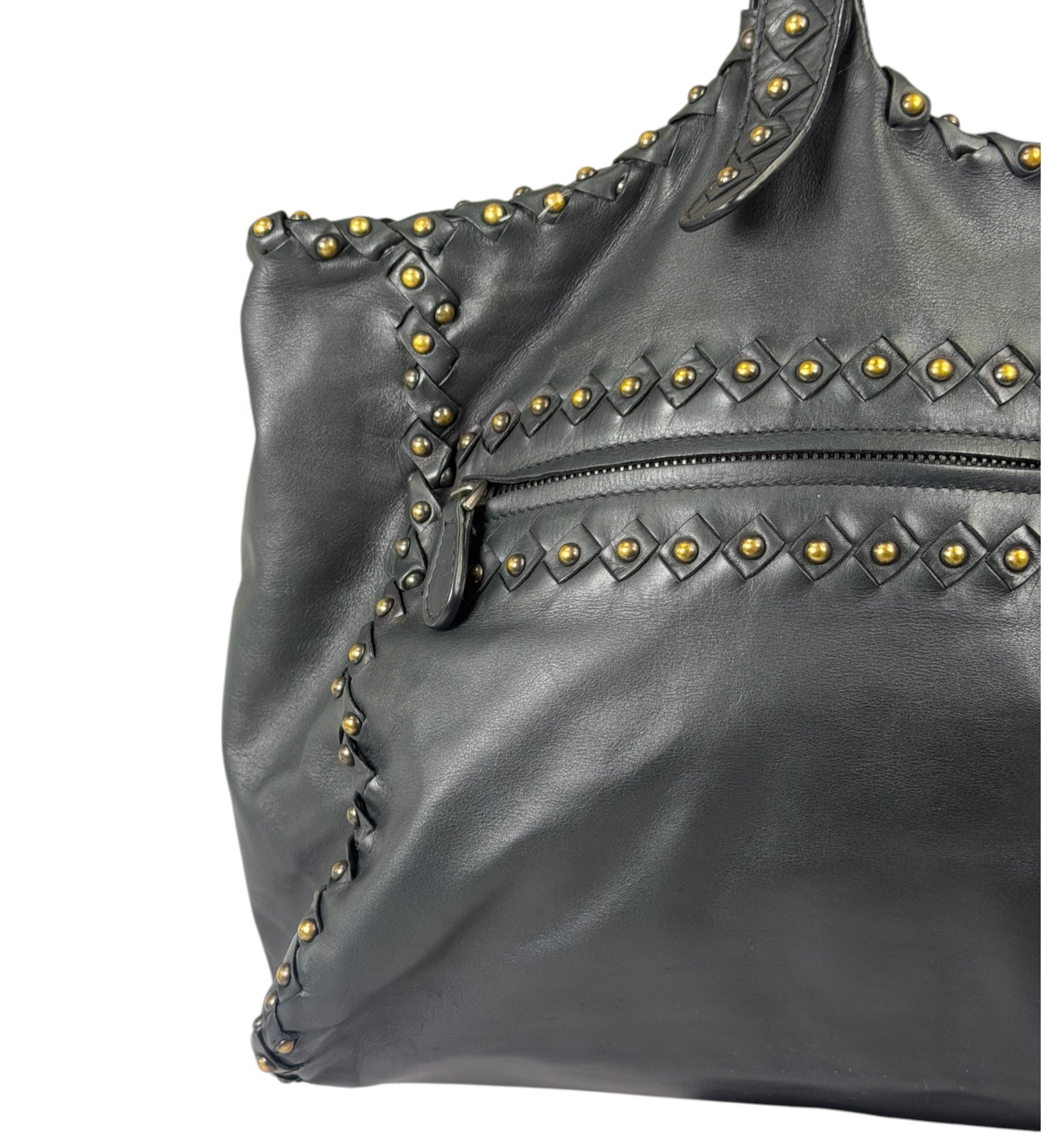 Bottega Veneta Dark Grey Leather Studded Shoulder Bag