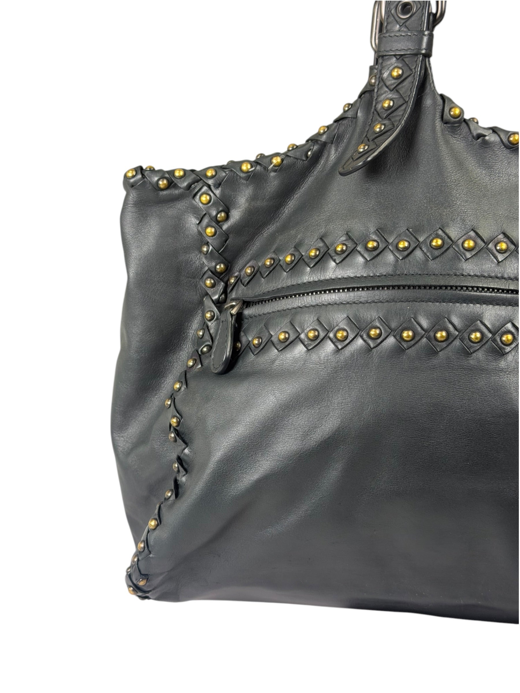 Bottega Veneta Dark Grey Leather Studded Shoulder Bag