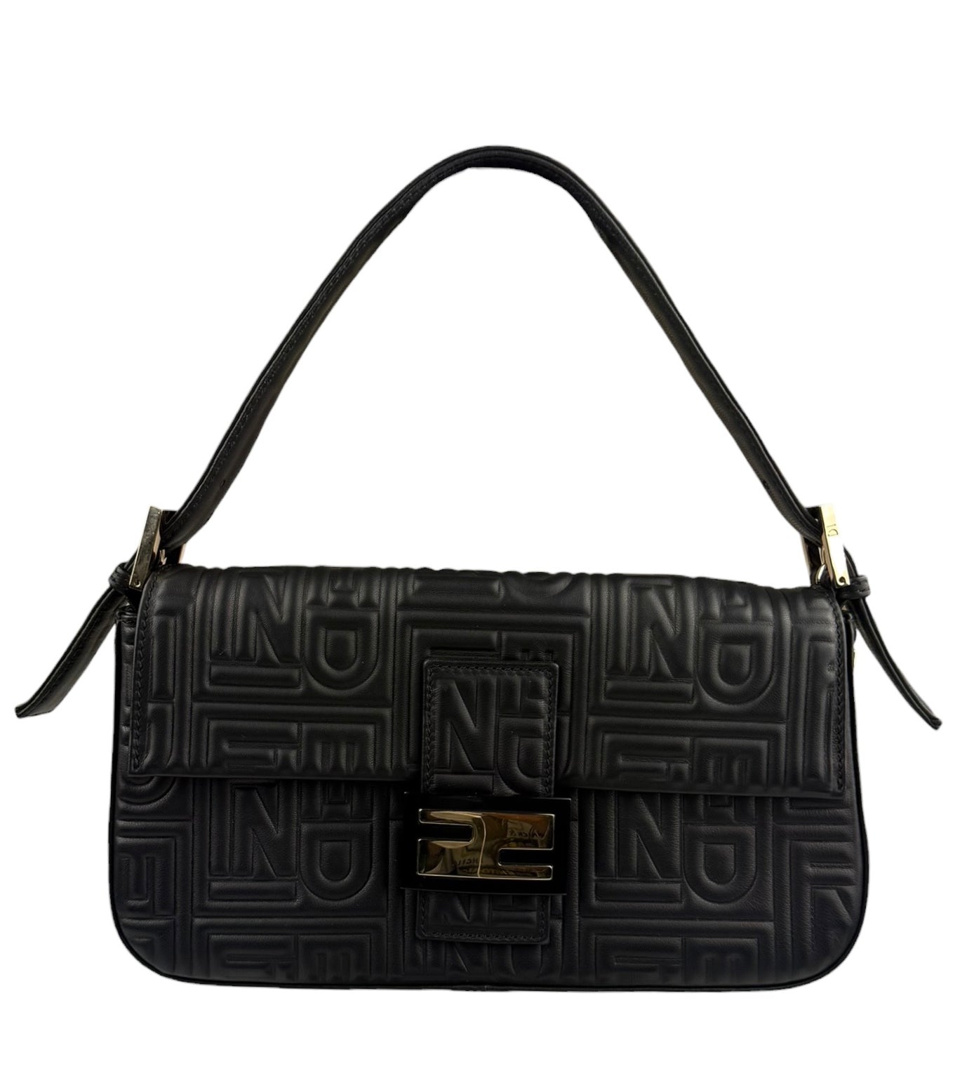 Fendi Black Leather 3D Logo Embossed Baguette