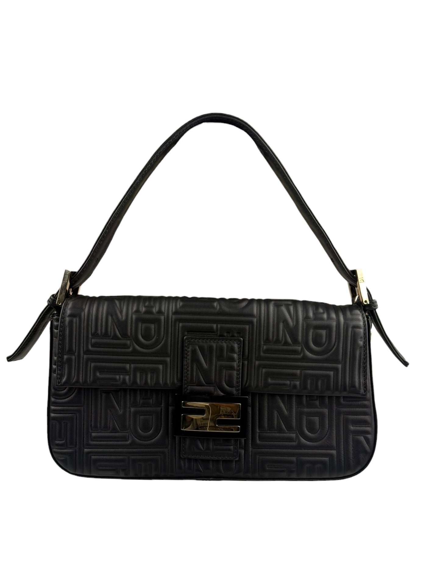 Fendi Black Leather 3D Logo Embossed Baguette