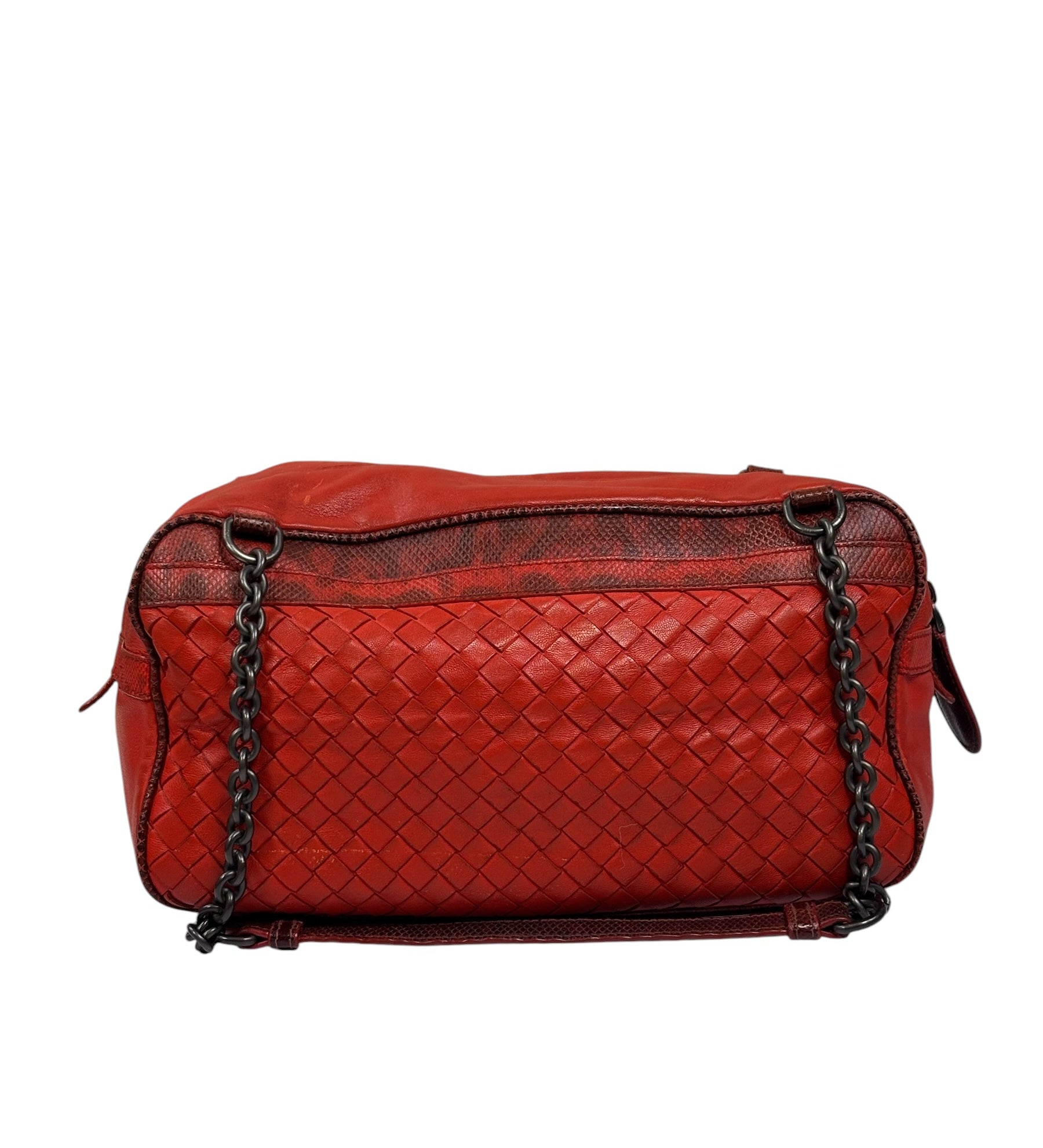 Bottega Veneta Red Lambskin/Lizard Intrecciato Shoulder Bag