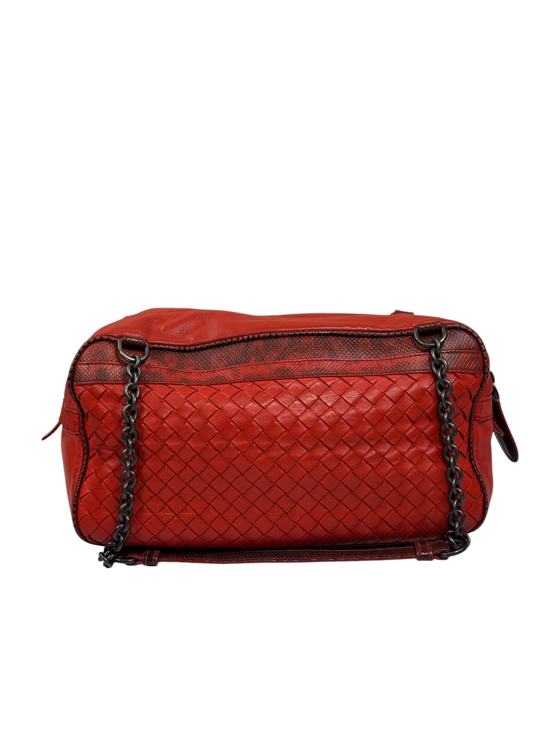 Bottega Veneta Red Lambskin/Lizard Intrecciato Shoulder Bag