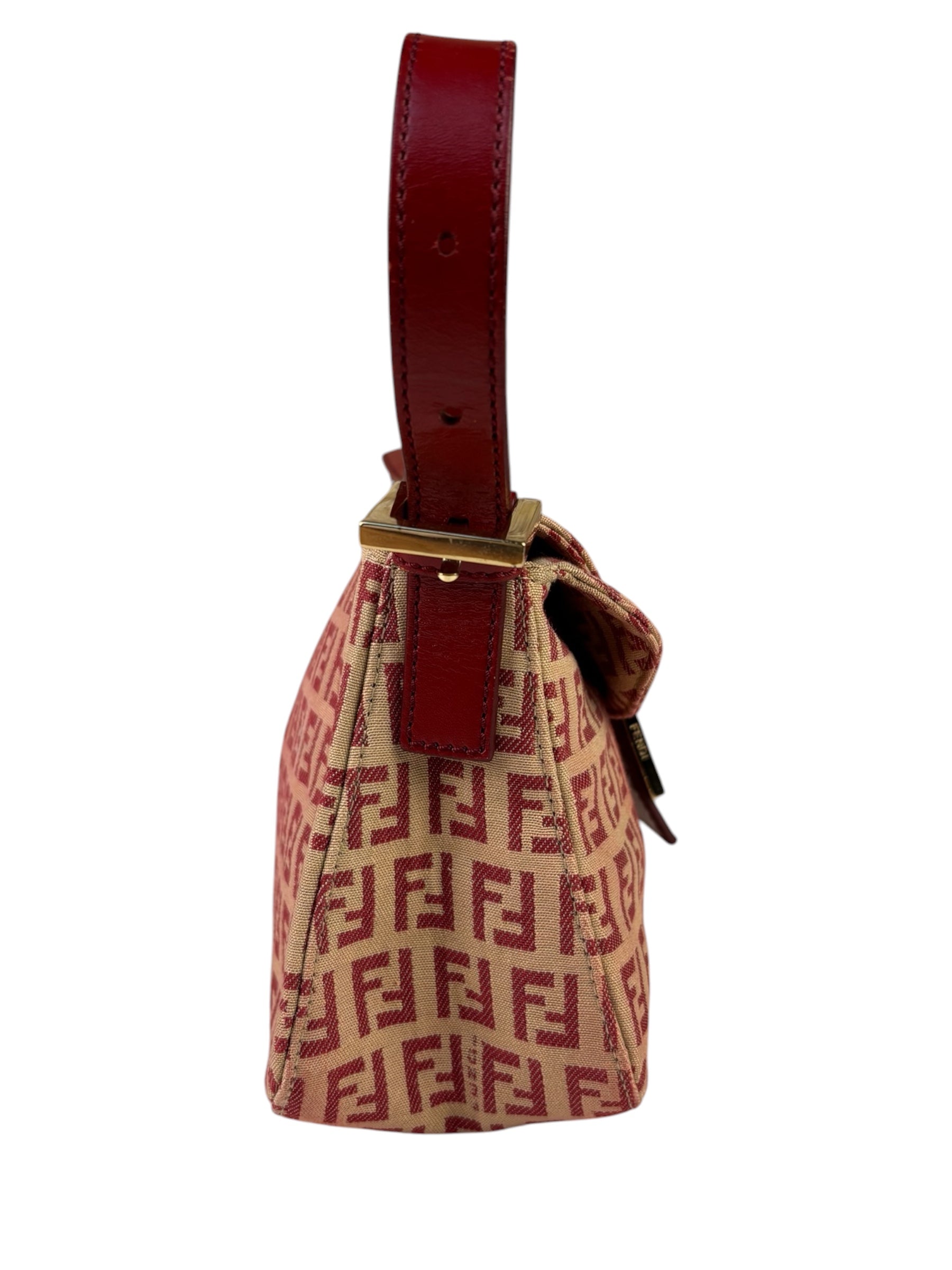 Fendi Red Leather Trim Zucca Baguette