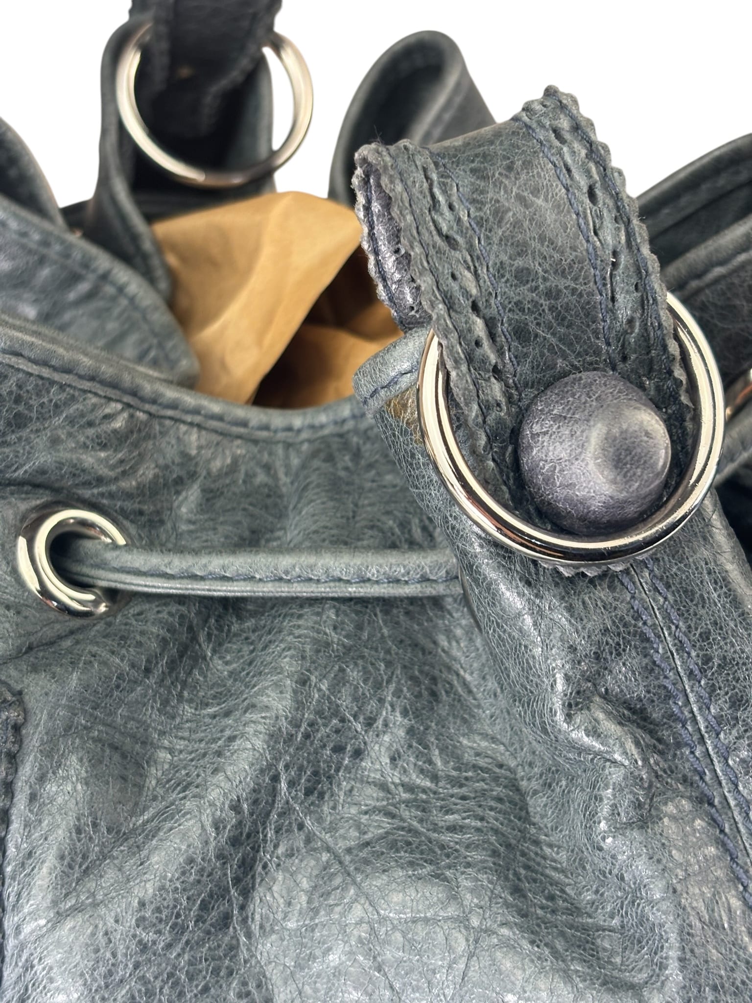 Balenciaga Grey Lambskin Giant Brogues Pompom Two-Way Bag