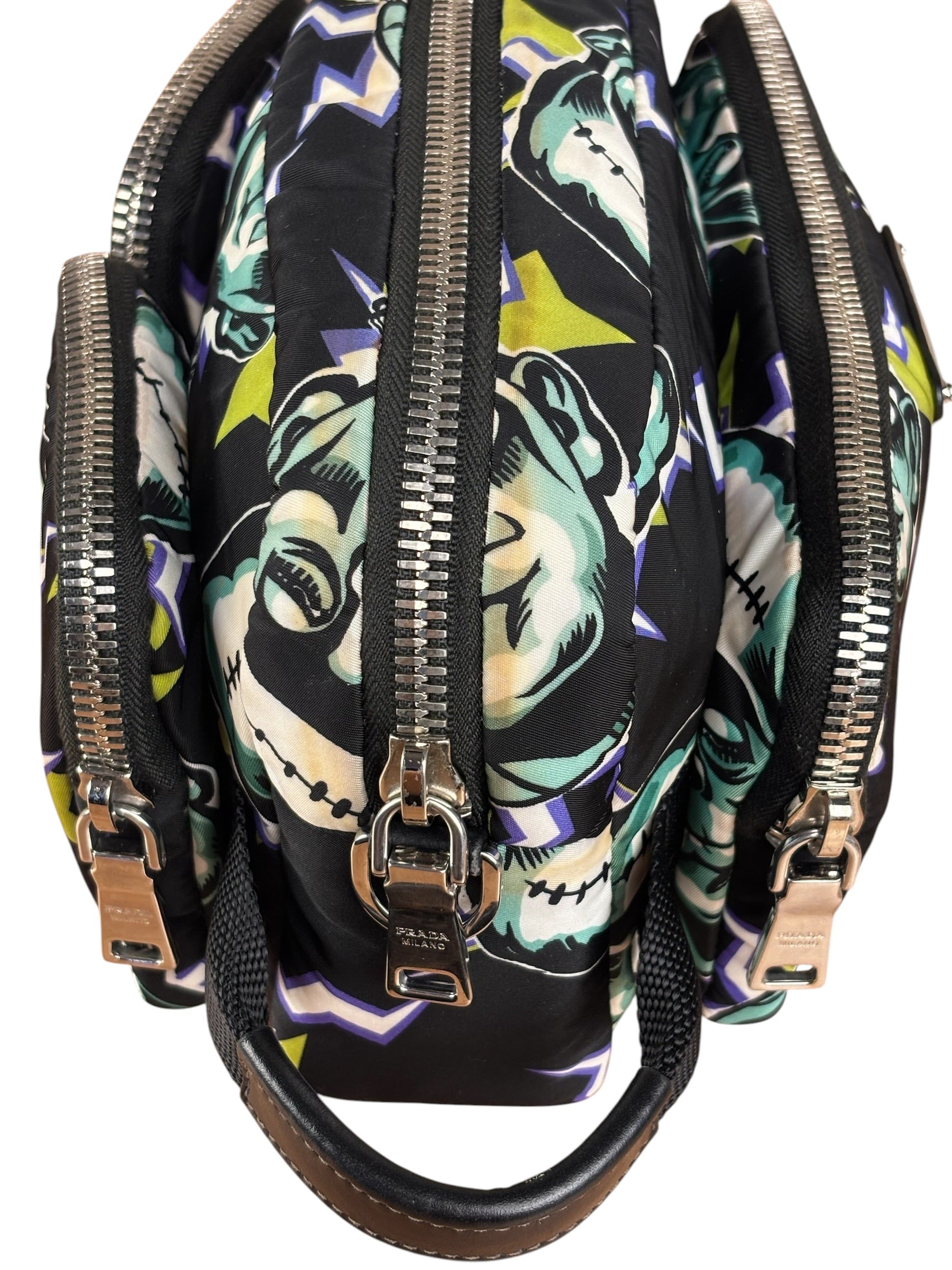 Prada Multicolor Nylon Leather Trim Frankenstein Print Pouch