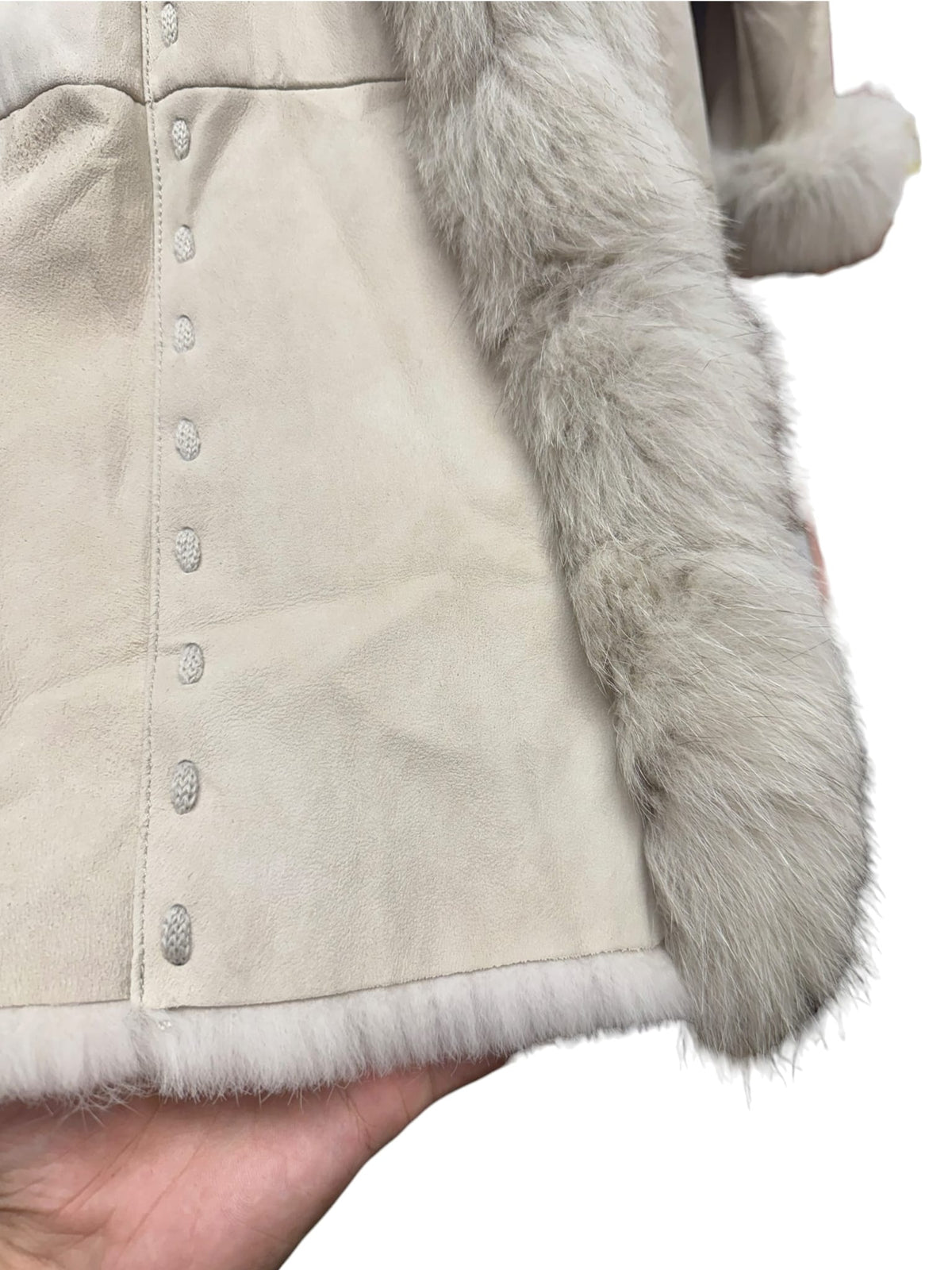 Vintage Bellucci Platinum Beige Suede Rabbit/Blue Fox Fur Long Coat