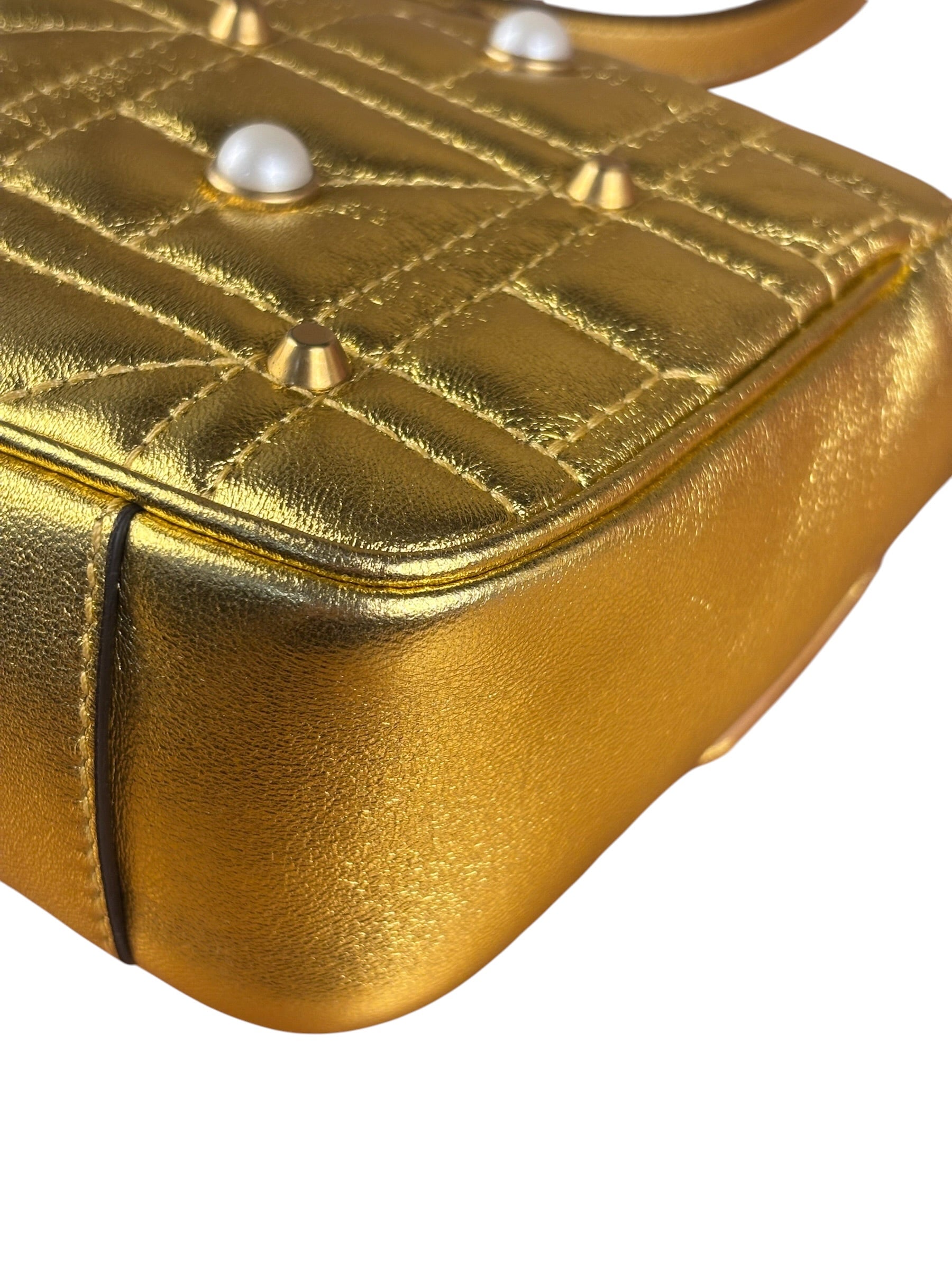 Gucci Gold GG Marmont Pearl Studded Mini Flap Bag