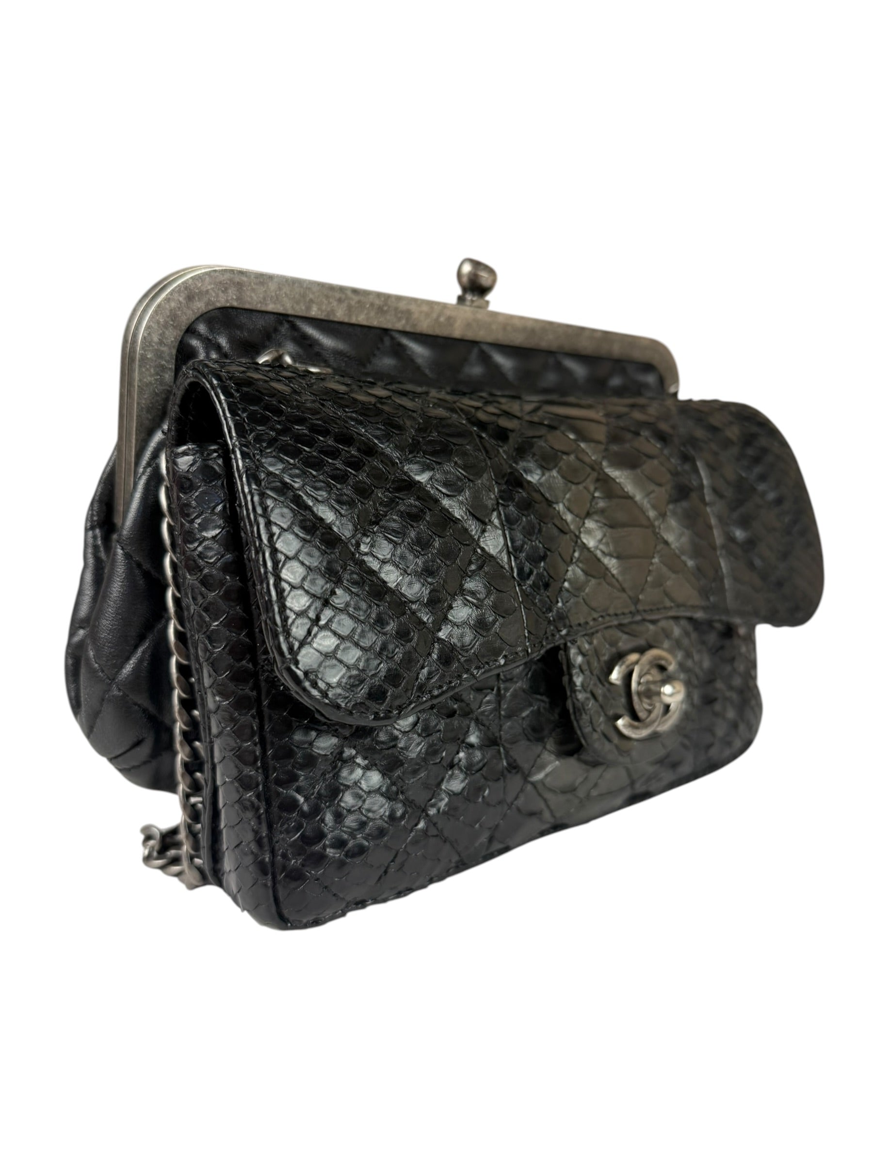 Chanel Black Python Leather Kiss-Lock Flap Bag 2015