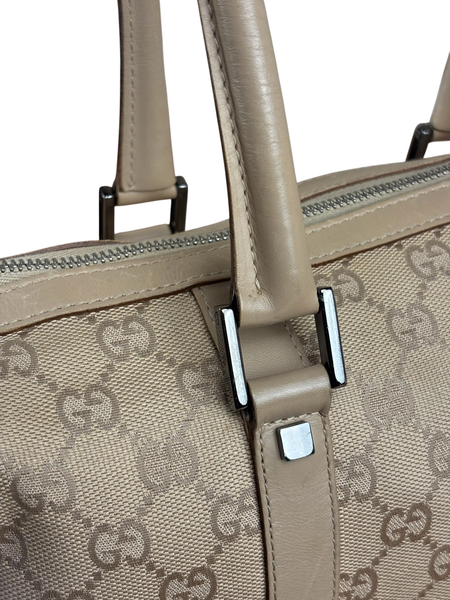 Gucci GG Beige Leather Trim Guccissima Small Boston Bag