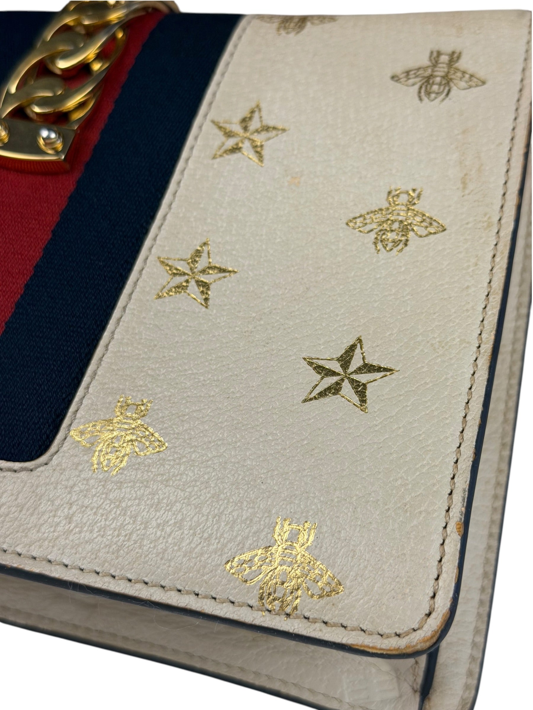 Gucci Textured Calfskin Bee Star Sylvie Shoulder Bag White