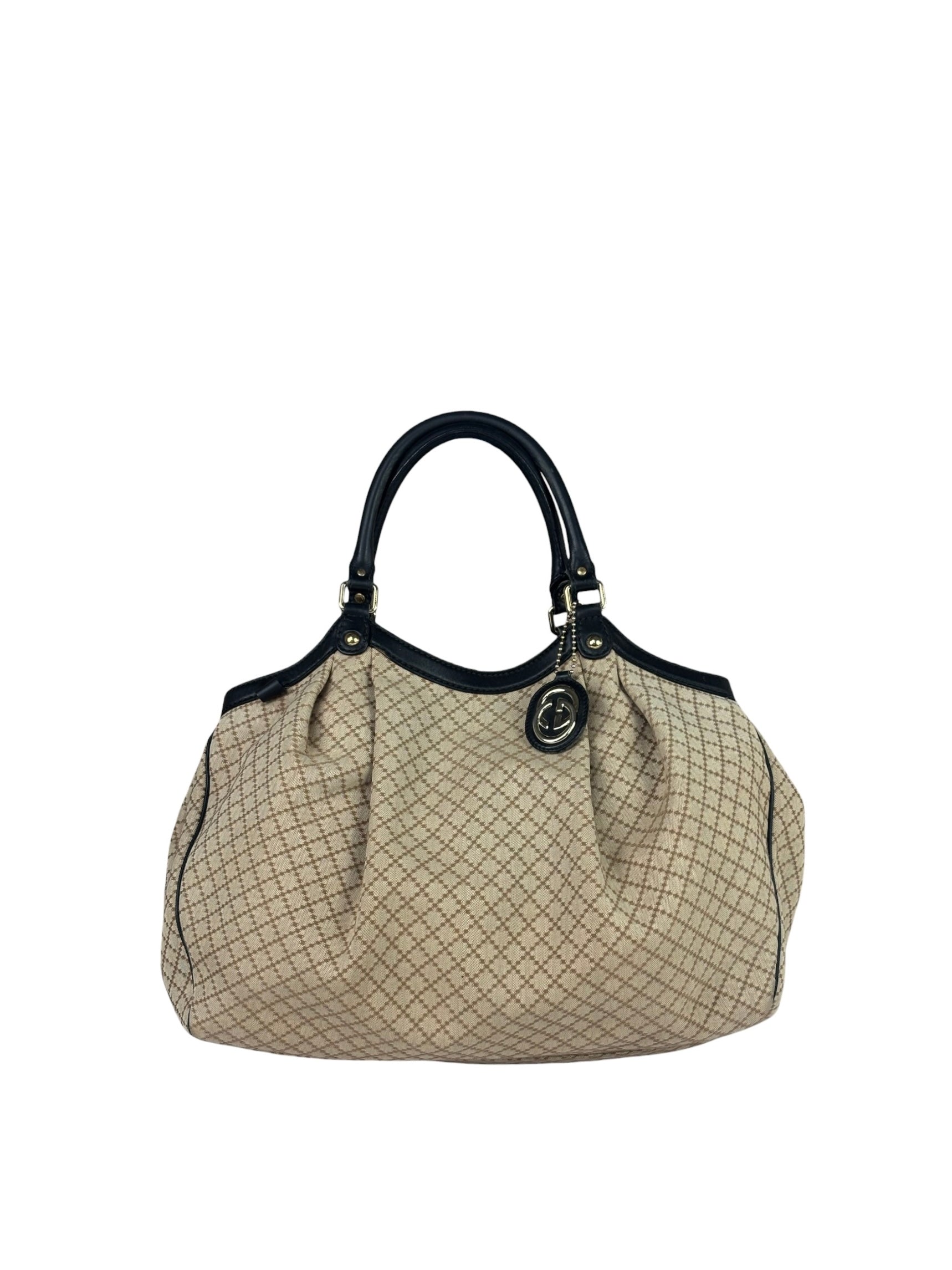 Gucci Beige Leather Trim Diamante Canvas Sukey Tote