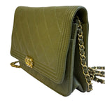 Chanel Olive Green Quilted Caviar Boy Flap Wallet On Chain 2017
