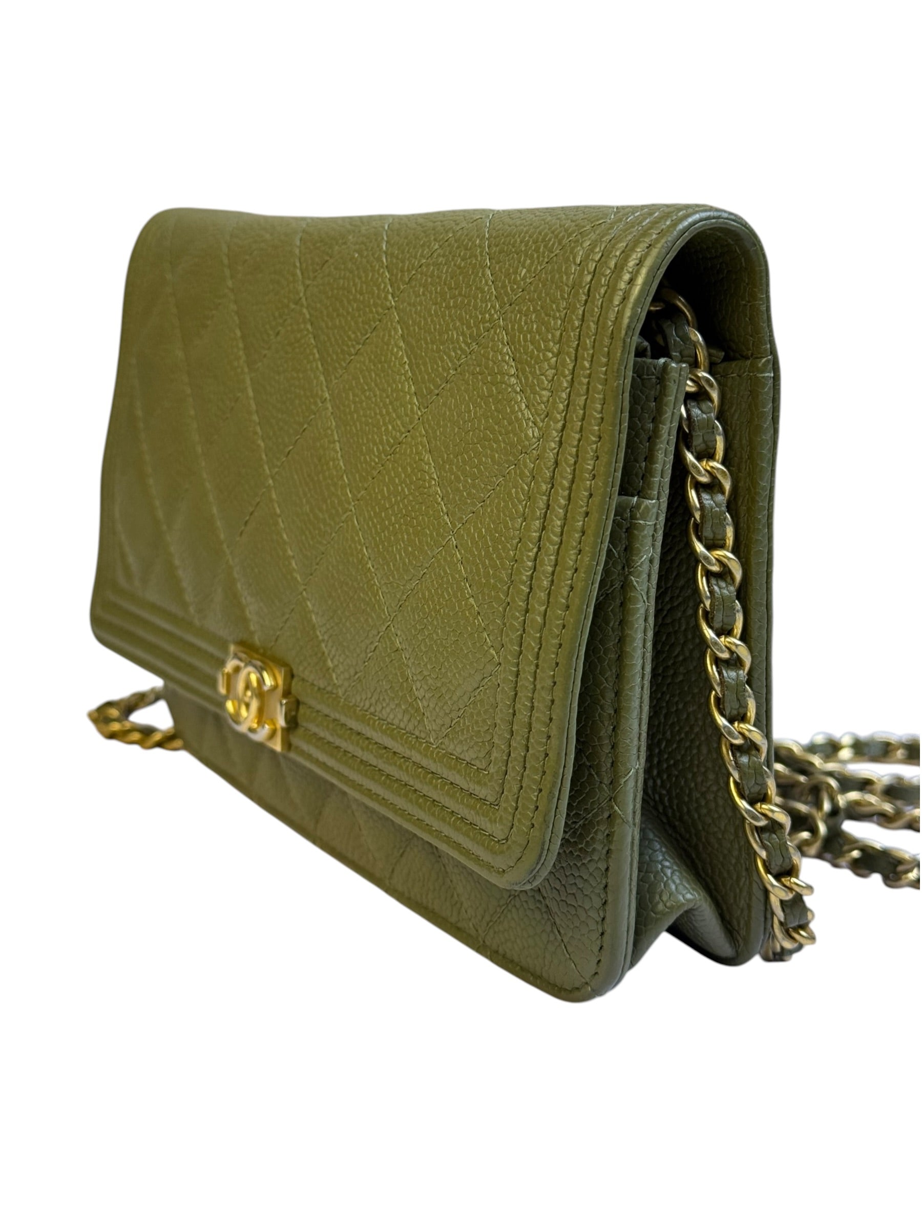 Chanel Olive Green Quilted Caviar Boy Flap Wallet On Chain 2017