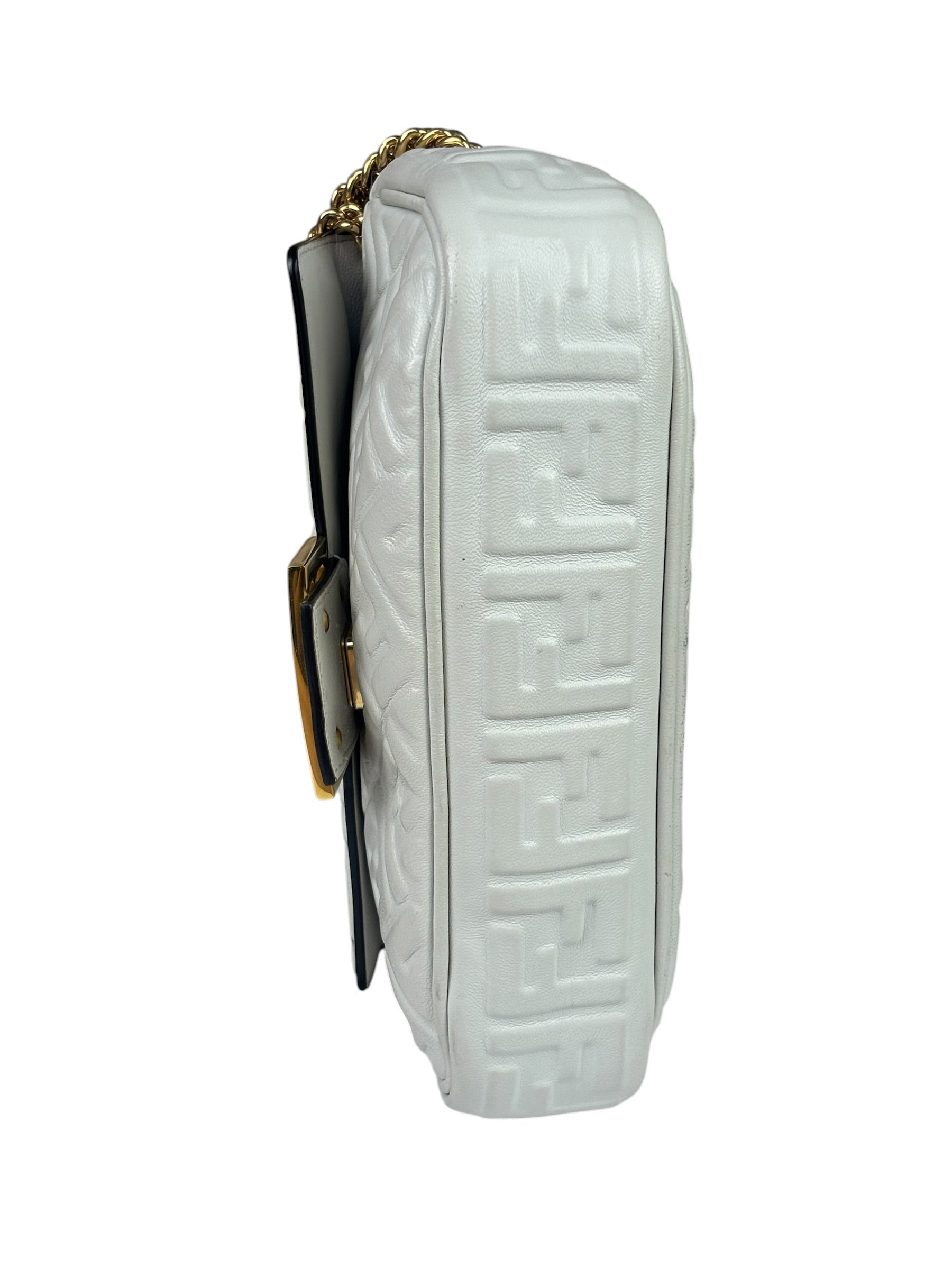 Fendi White Leather FF Flap Baguette