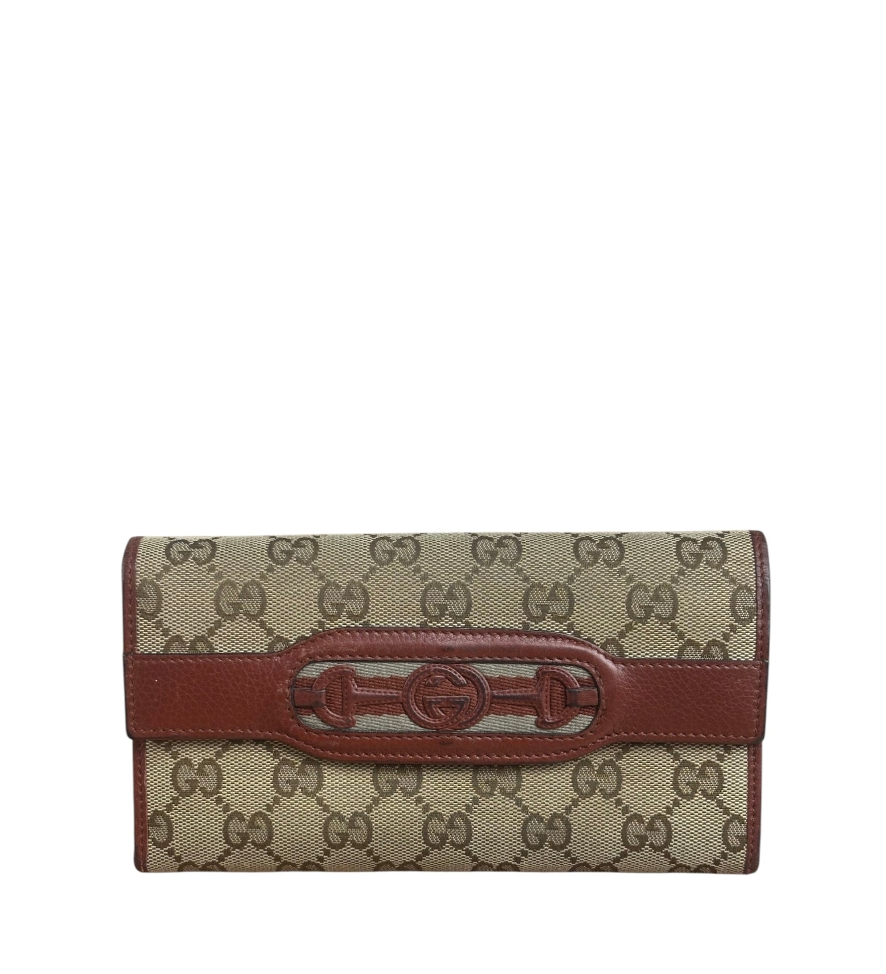 Gucci Vintage Burgundy Leather Trim GG Canvas Continental Wallet