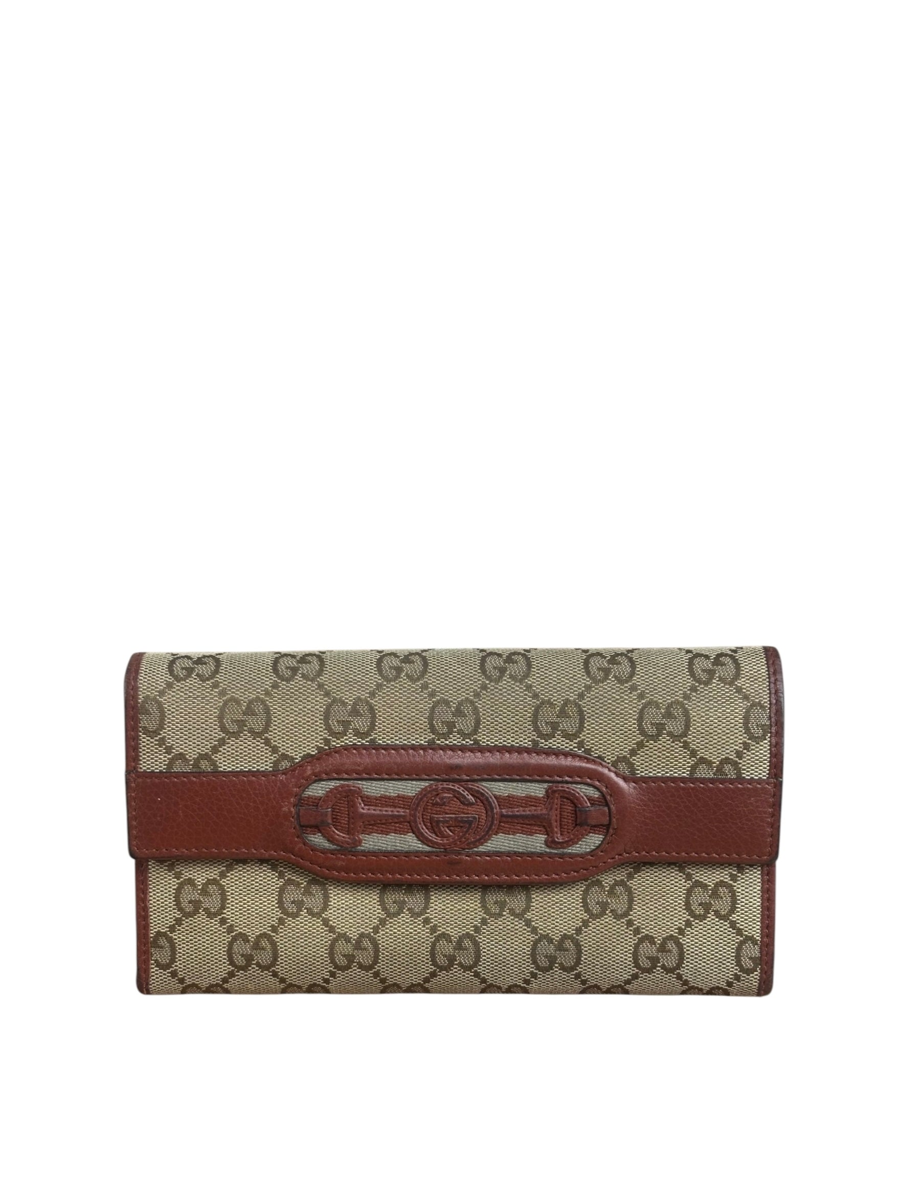 Gucci Vintage Burgundy Leather Trim GG Canvas Continental Wallet