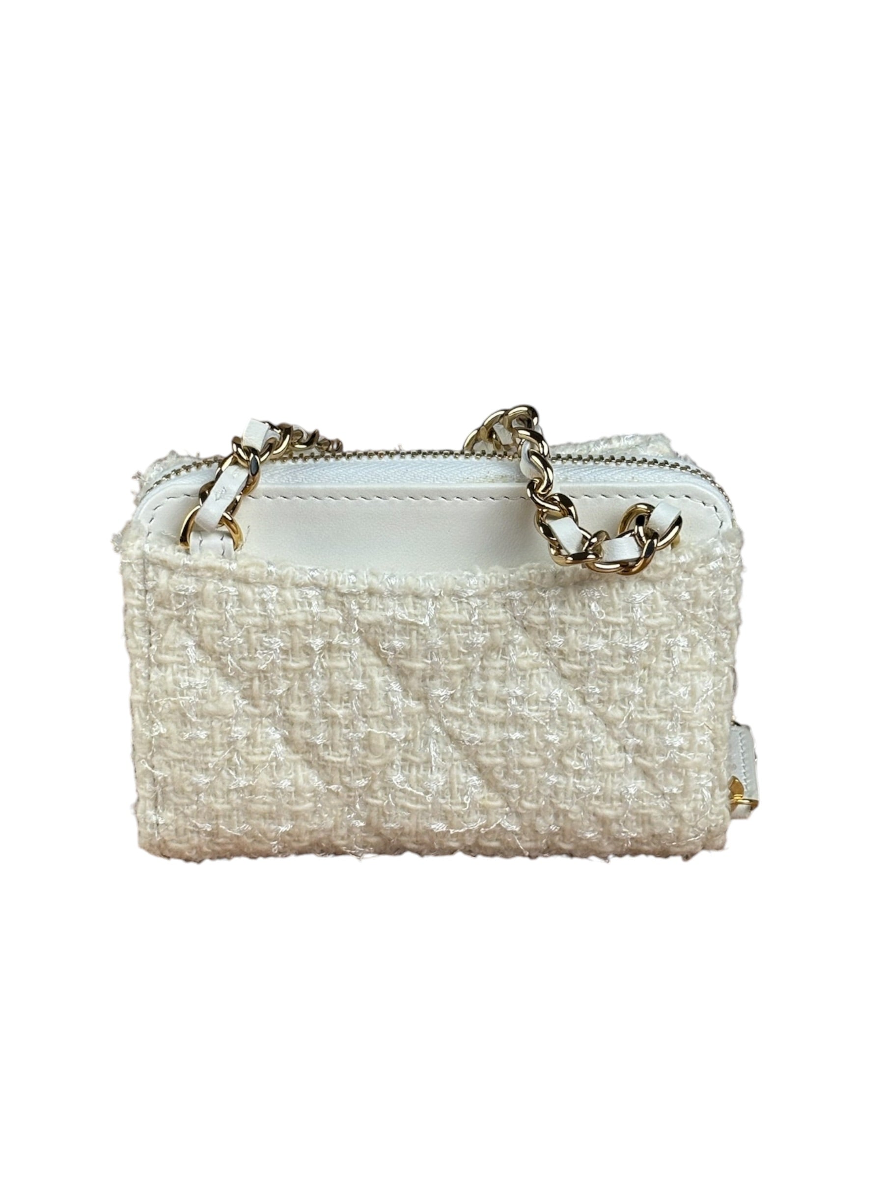 Chanel White Tweed Quilted Bow Wallet On Chain