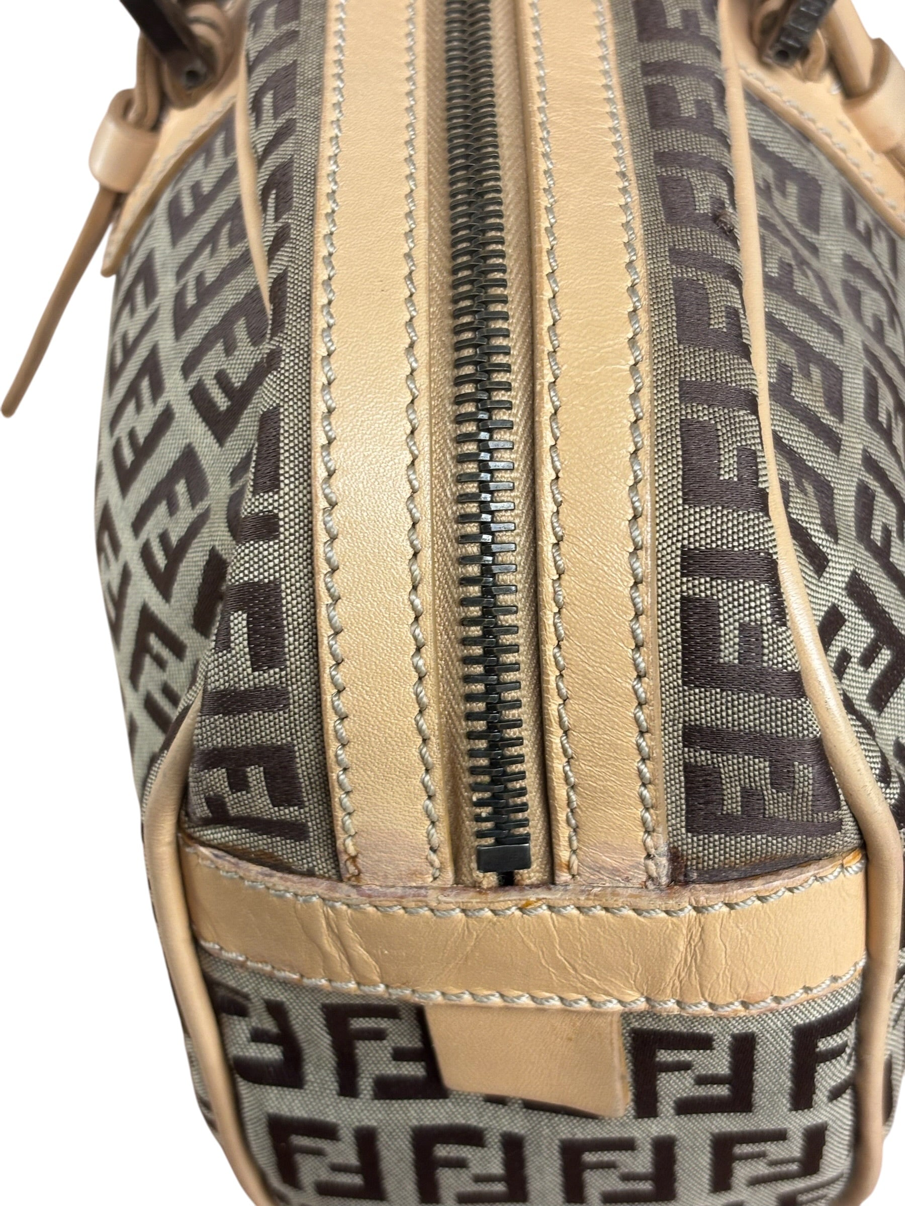 Fendi Beige Leather Trim Zucca Small Boston Bag