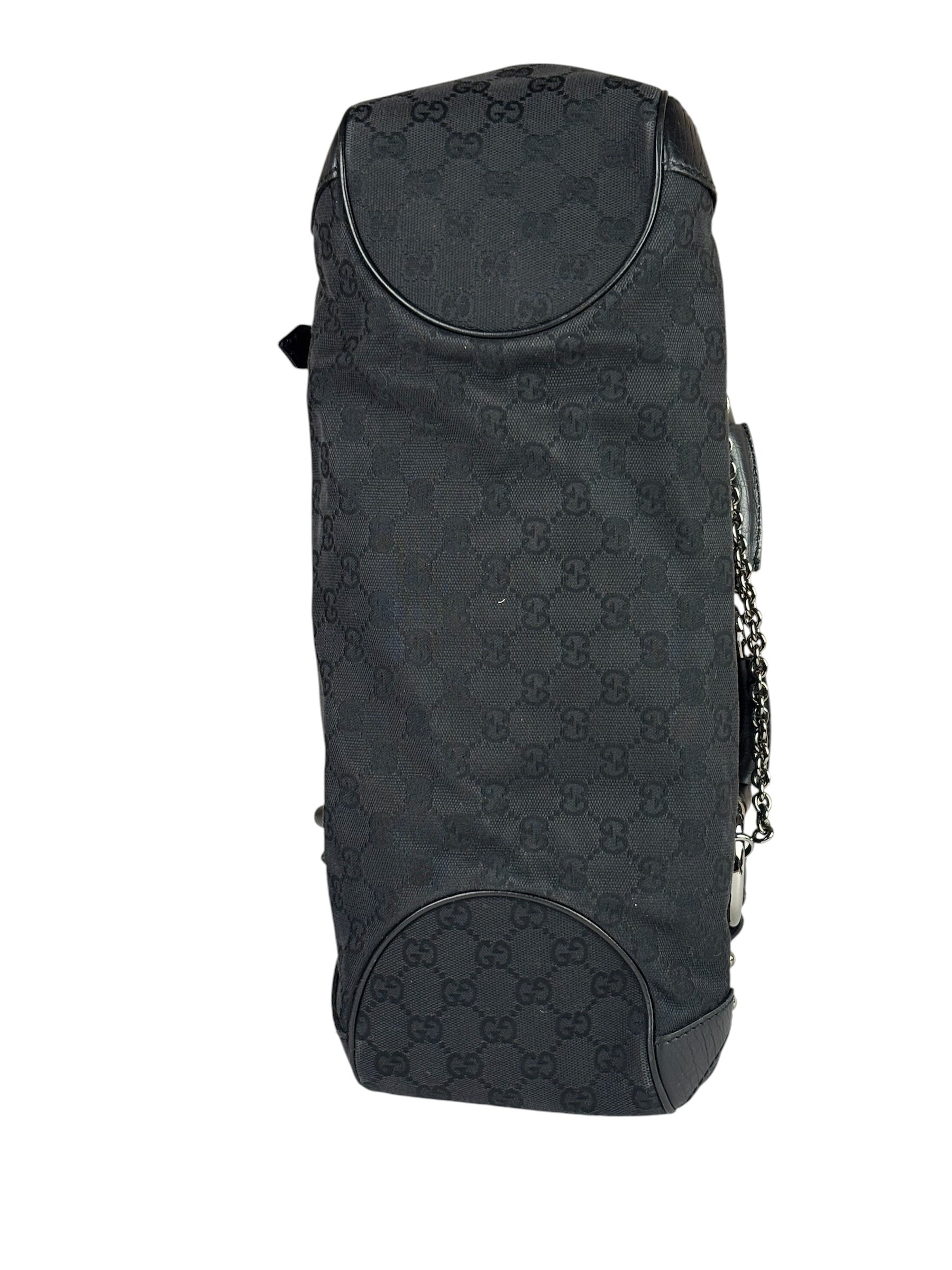 Gucci Black Leather Trim GG Horsebit Shoulder Bag