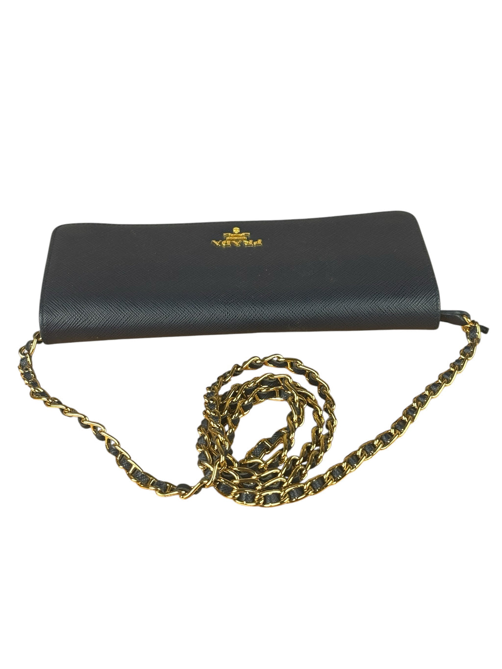 Prada Navy Saffiano Leather Flap Wallet On Chain