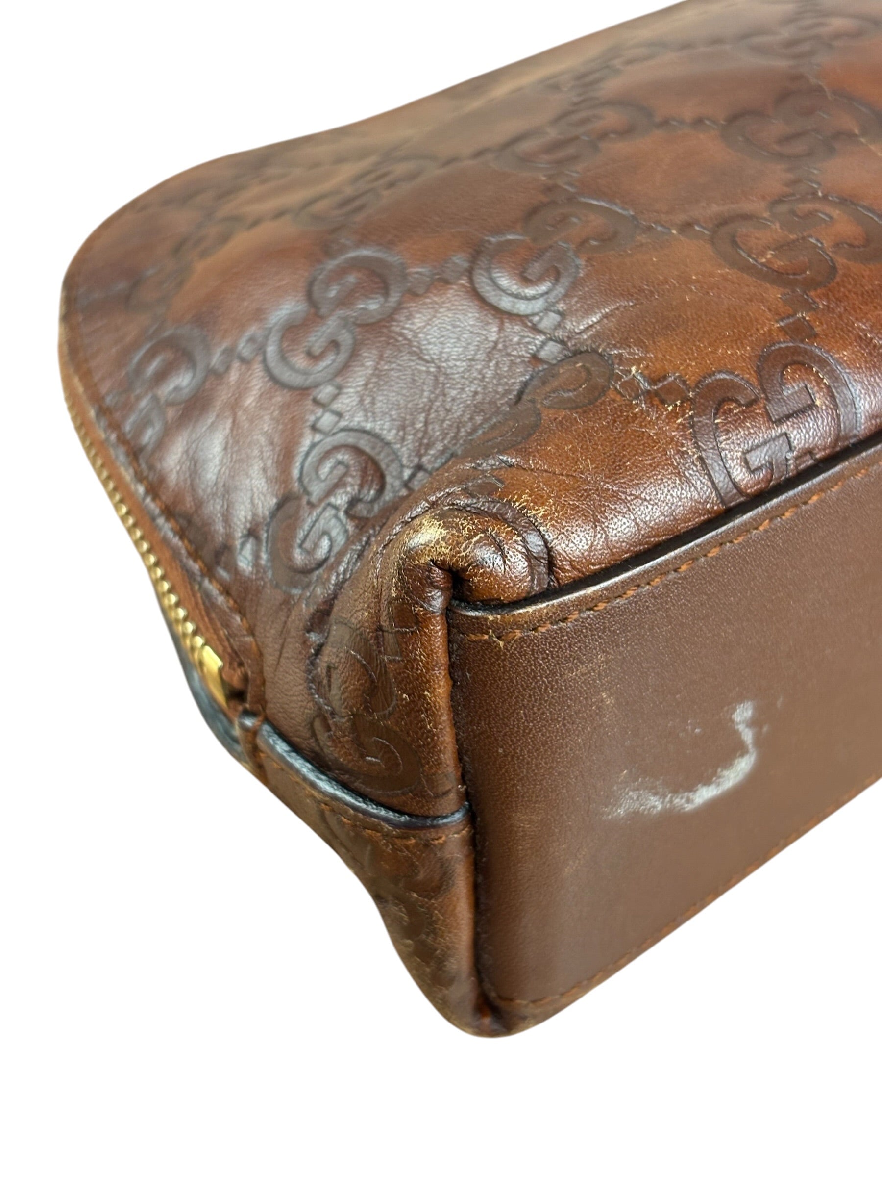 Gucci Vintage Brown Leather GG Zip Pouch