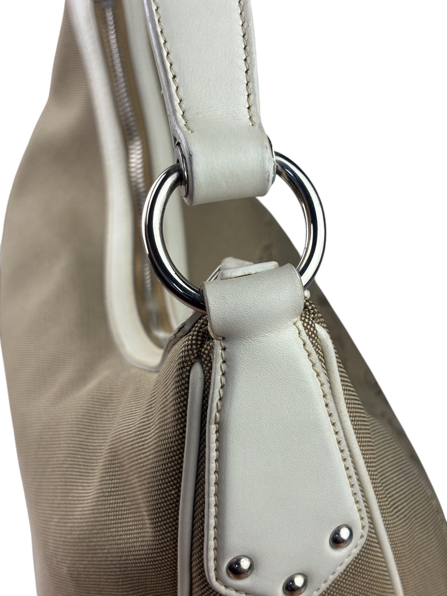 Prada Beige/Cream Leather Trim Logo Jacquard Hobo Bag