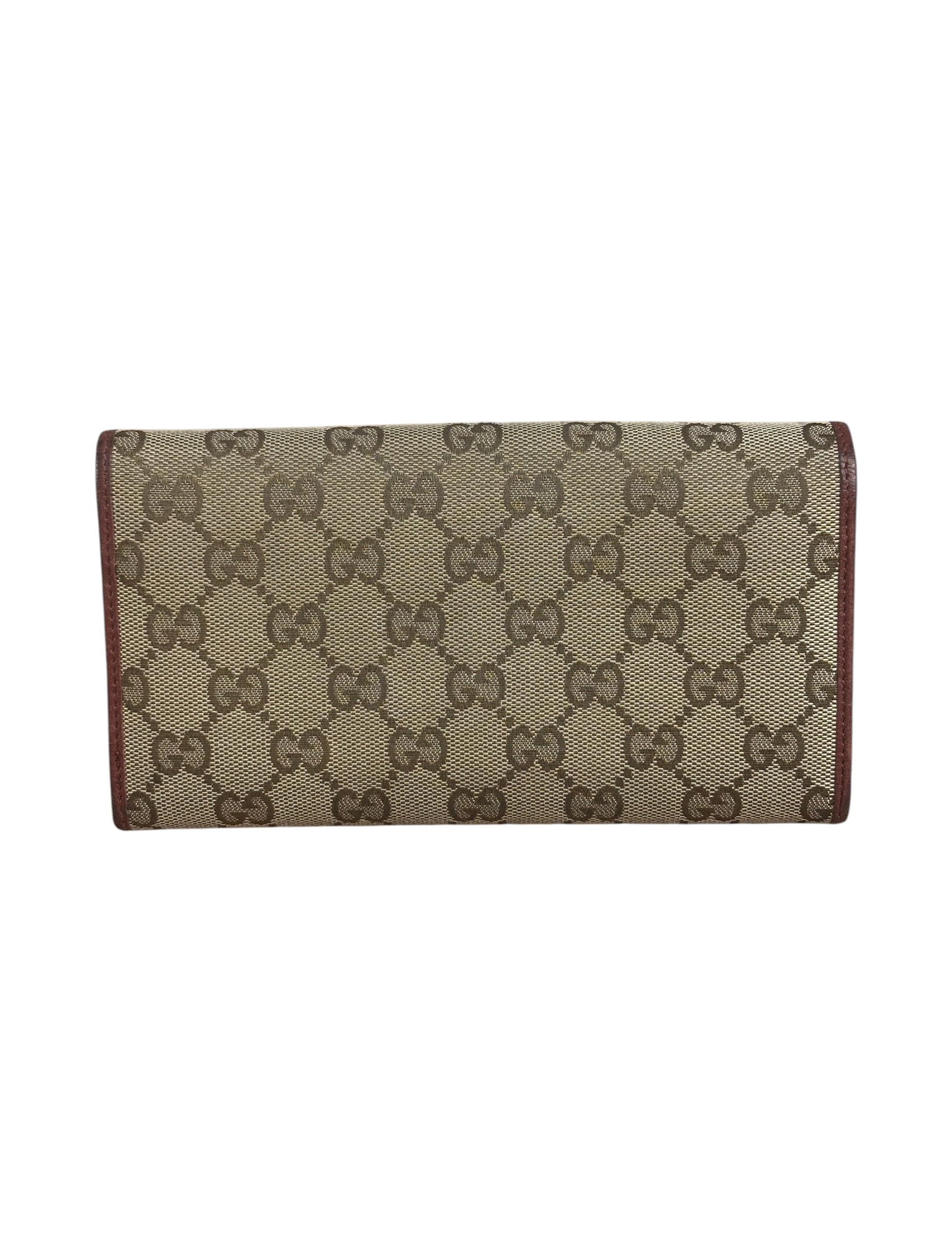 Gucci Vintage Burgundy Leather Trim GG Canvas Continental Wallet