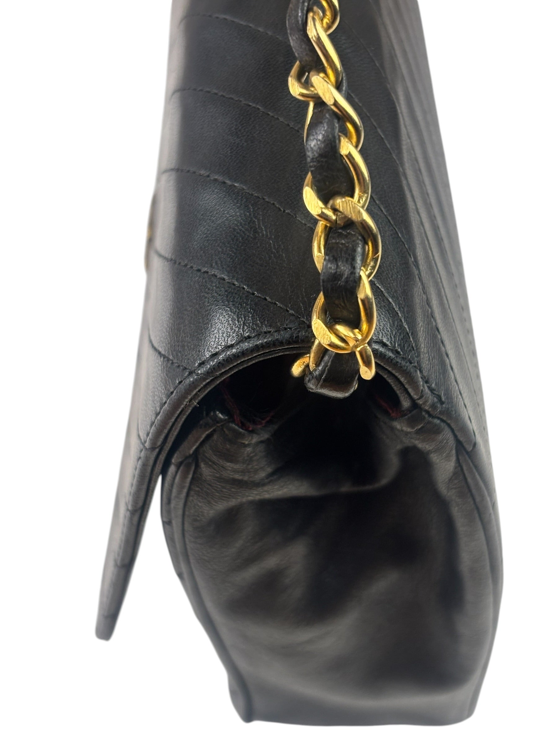 Chanel Vintage Black Leather Timeless Diagonal Stitch Flap Bag 1986