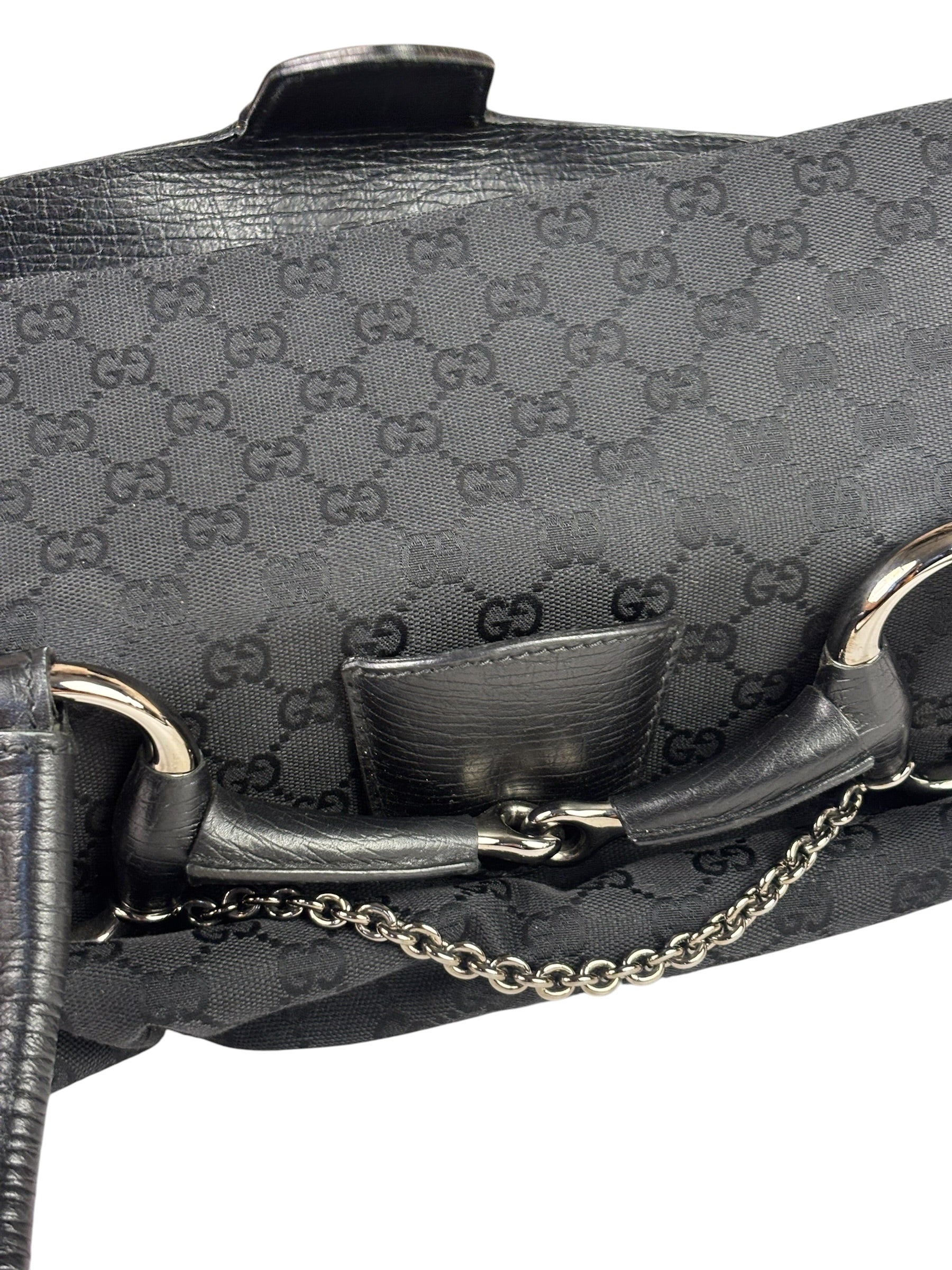 Gucci Black Leather Trim GG Horsebit Shoulder Bag