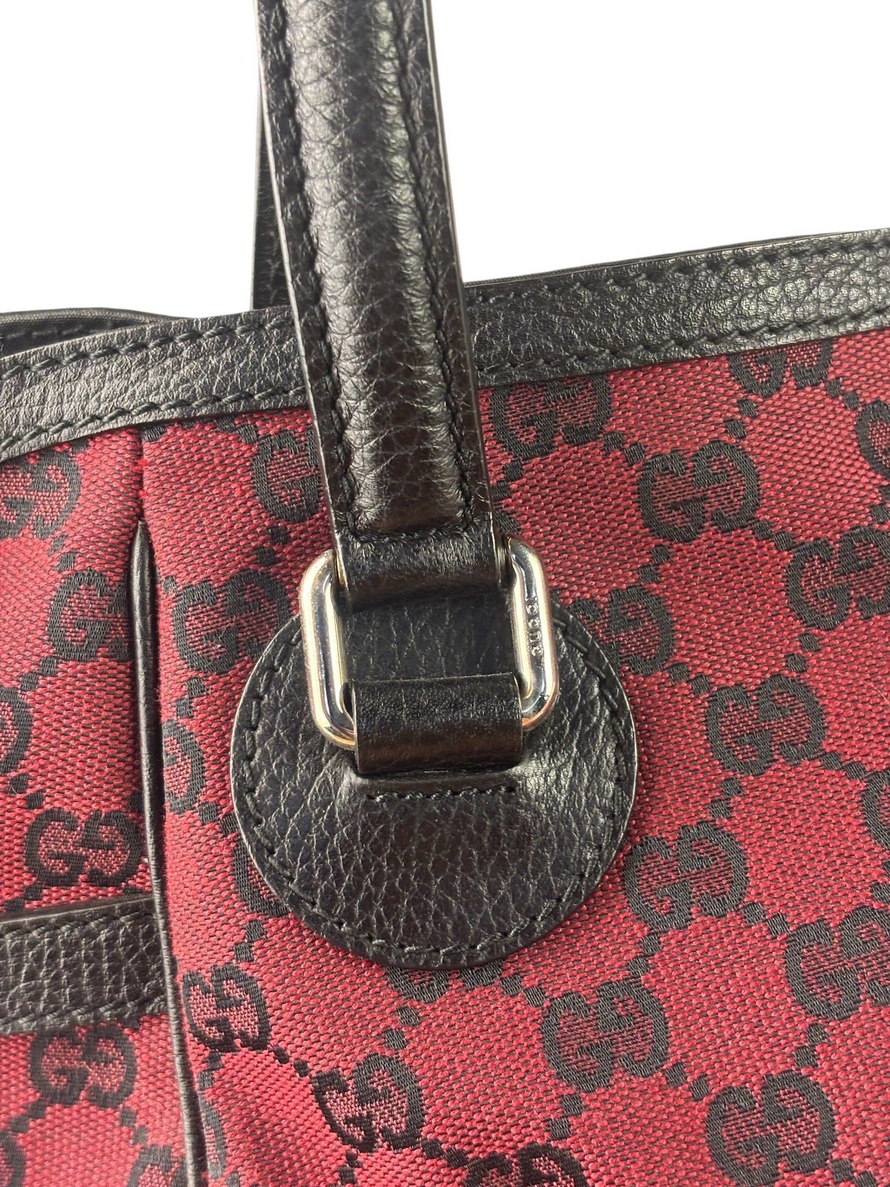 Gucci Red/Black Leather Trim GG Full Moon Tote