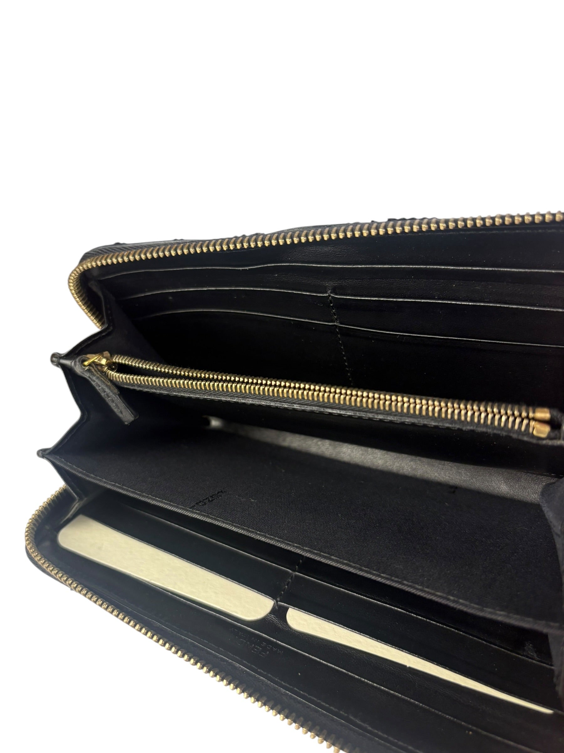 Fendi Black Leather F Logo Zip-Around Long Wallet